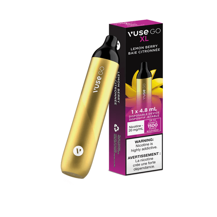 VUSE GO XL disposable vape in Lemon Berry flavor with bright packaging and nicotine information.