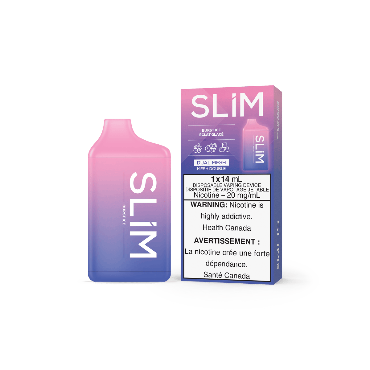 SLIM Burst Ice disposable vape device with pink and blue color, highlighting nicotine warning and dual mesh feature.