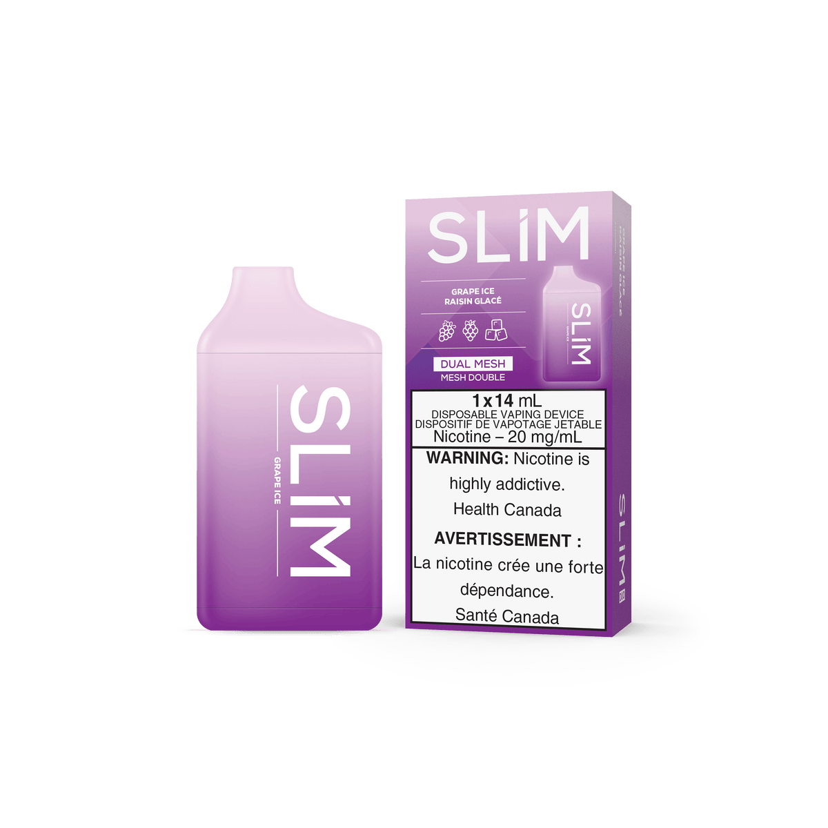 SLiM Grape Ice disposable vape device packaging and product, featuring dual mesh technology in purple design.
