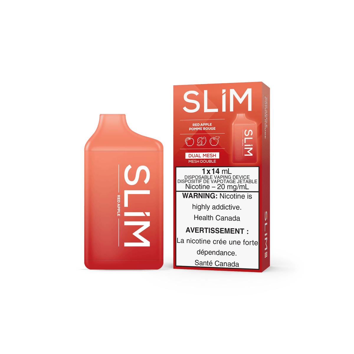 SLIM Red Apple disposable vape device, 14 mL, dual mesh, with nicotine warning, Health Canada approved.