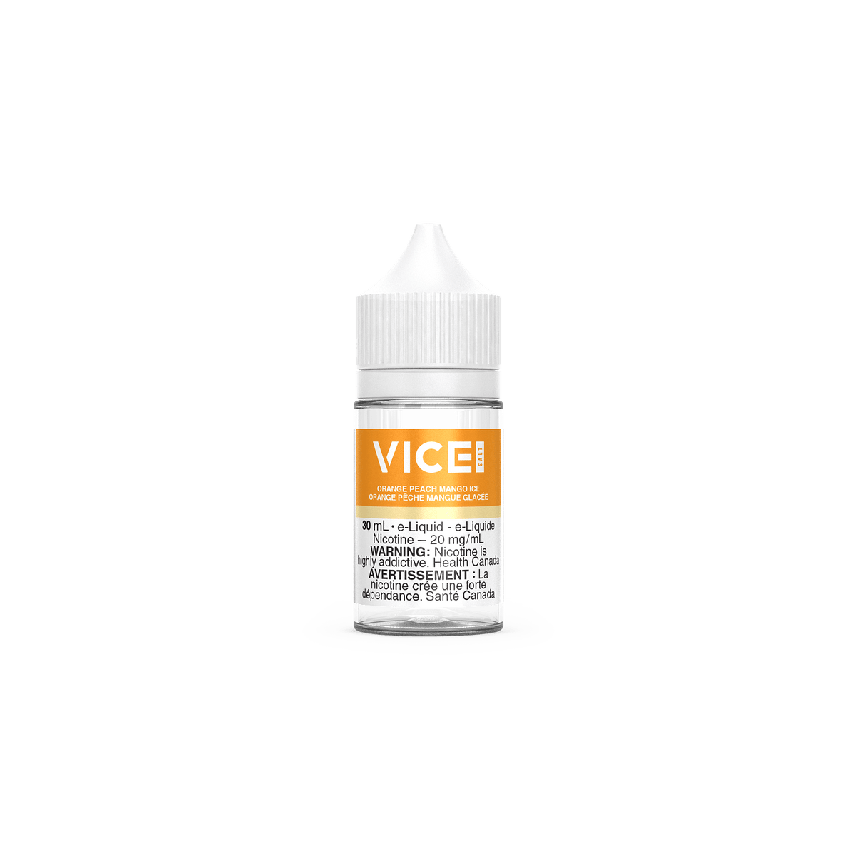 VICE SALT 20mg/ml e-liquid in orange peach mango ice flavor, 30ml bottle, vibrant packaging.