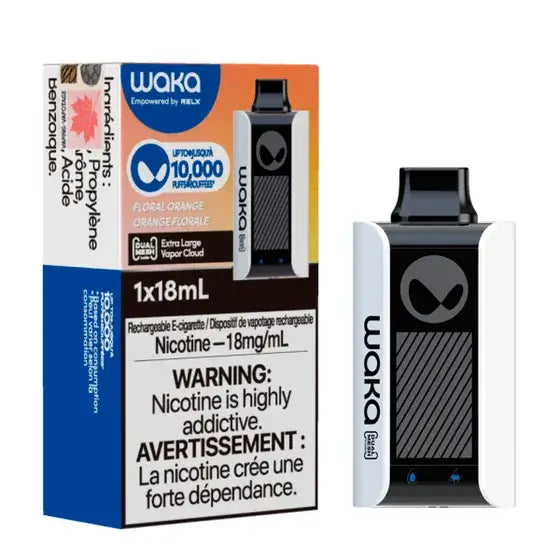 Waka soPro - Floral Orange e-cigarette package featuring 10,000 puffs and 18mg/ml nicotine option.