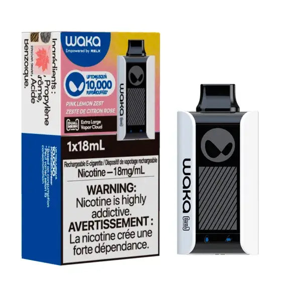 Waka soPro Pink Lemon Zest e-cigarette with box; 10,000 puffs, 18mg/ml nicotine, rechargeable. Fresh lemon flavor.