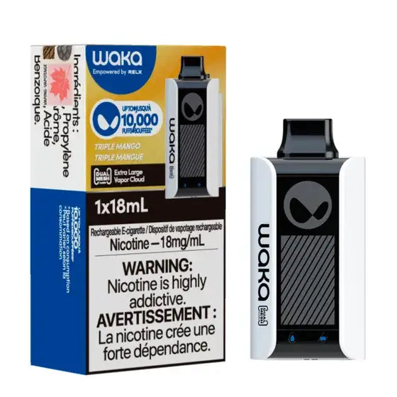 Waka soPro Triple Mango product packaging with device, 10,000 puffs, 18mg/ml nicotine, vibrant mango flavor.