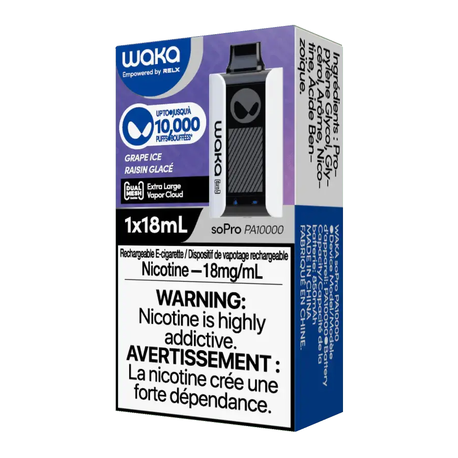 Waka soPro Grape Ice vape packaging featuring extra large vapor cloud, 18mg/mL nicotine, and warning labels.