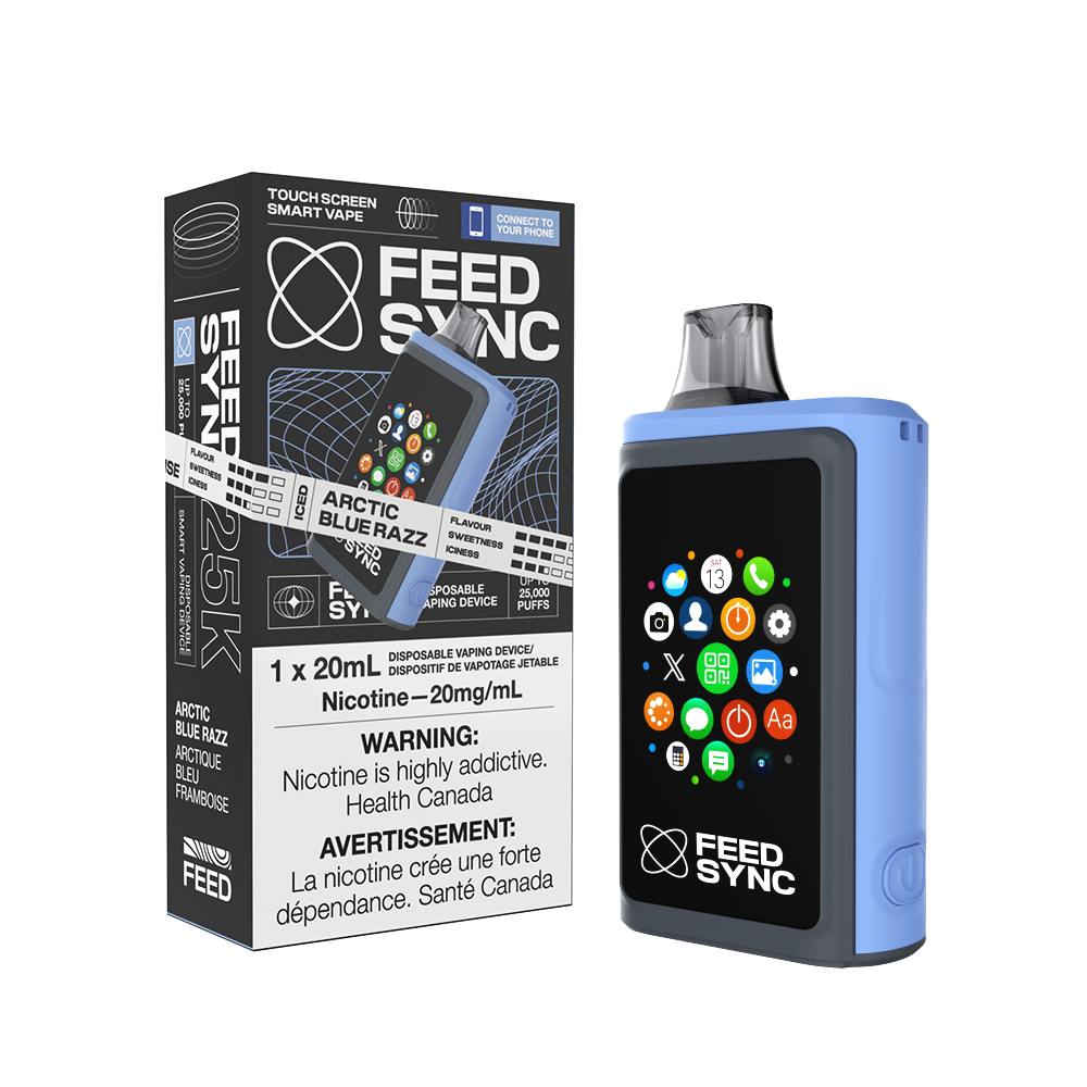 FEED SYNC 25k disposable vape in Arctic Blue Razz flavor with touchscreen, 20ml capacity, and nicotine warning.