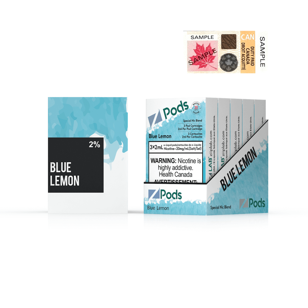ZPODS Blue Lemon Kick vape pods with packaging, featuring vibrant blue and lemon colors, nicotine warning.