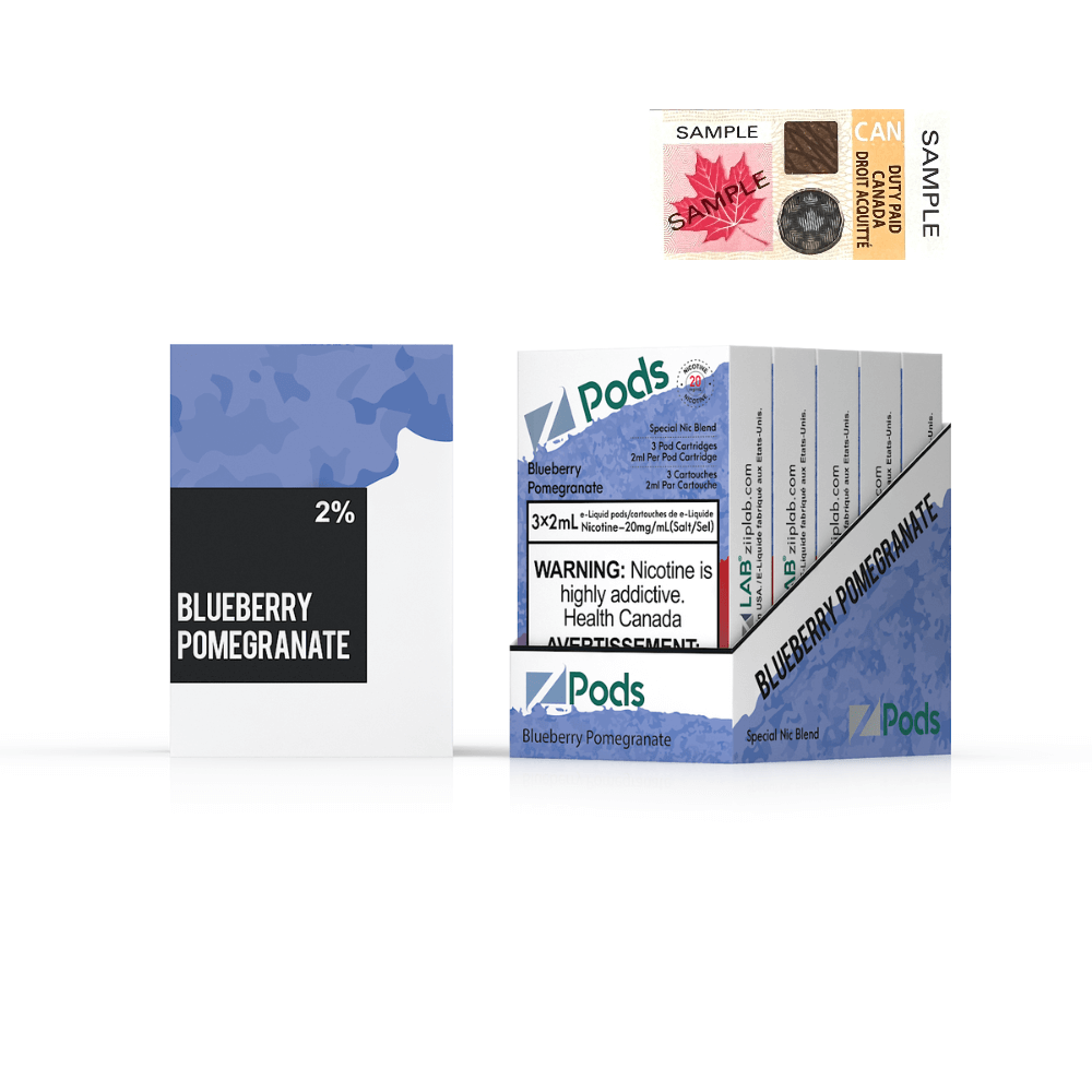 ZPODS Blueberry Pomegranate vape pods box with nicotine warning label and sample stickers.