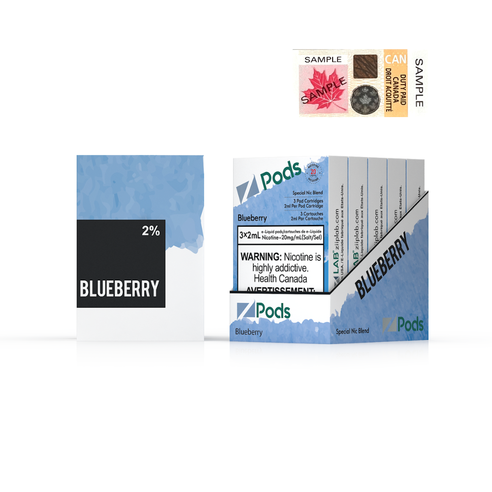 ZPODS Blueberry vape pods packaging, featuring 2% nicotine and health warning label.