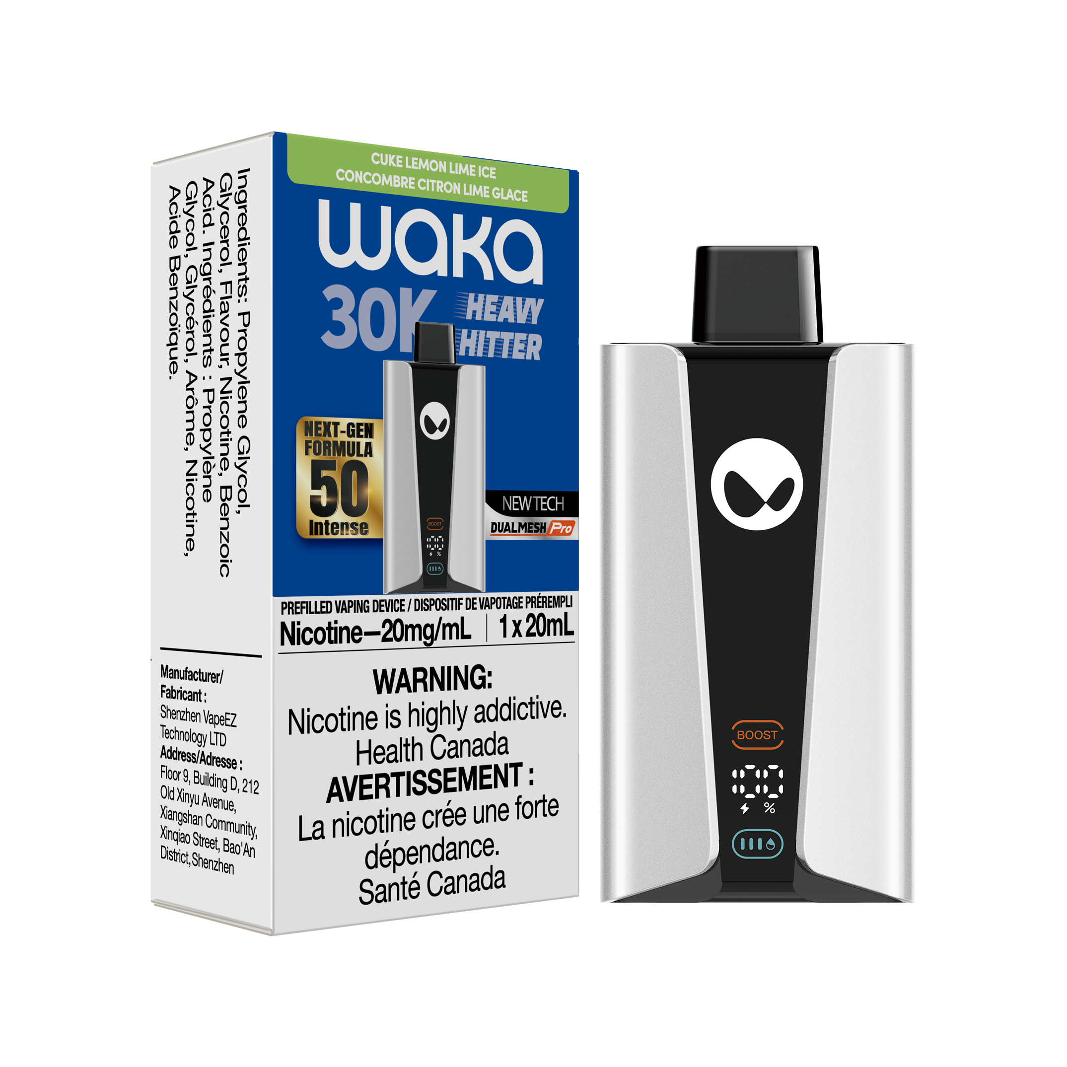 WAKA 30K CUKE LEMON LIME ICE vaping device with box, featuring nicotine warning and new tech formula for strong flavor.