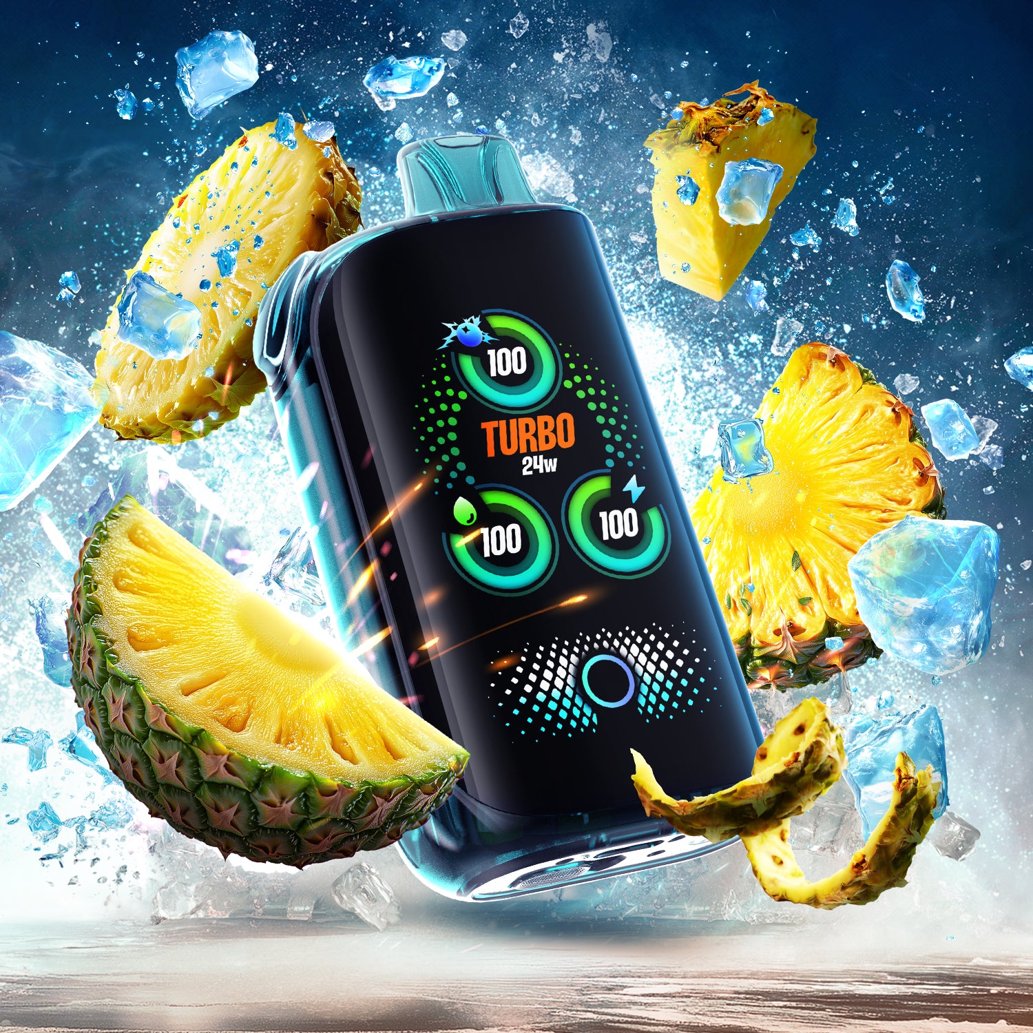 DRIP'N BLAST 30k Frozen Hawaiian Storm Ice vape device with pineapple and ice effects, showcasing modern vaping technology.