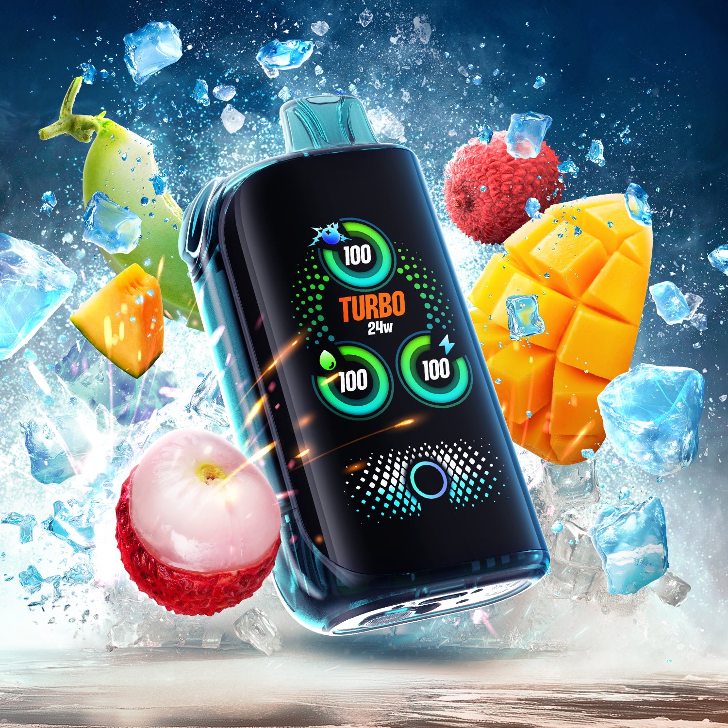 DRIP'N BLAST 30k frozen lychee mango melon ice with vibrant fruits and icy blasts, showcasing flavor and coolness.