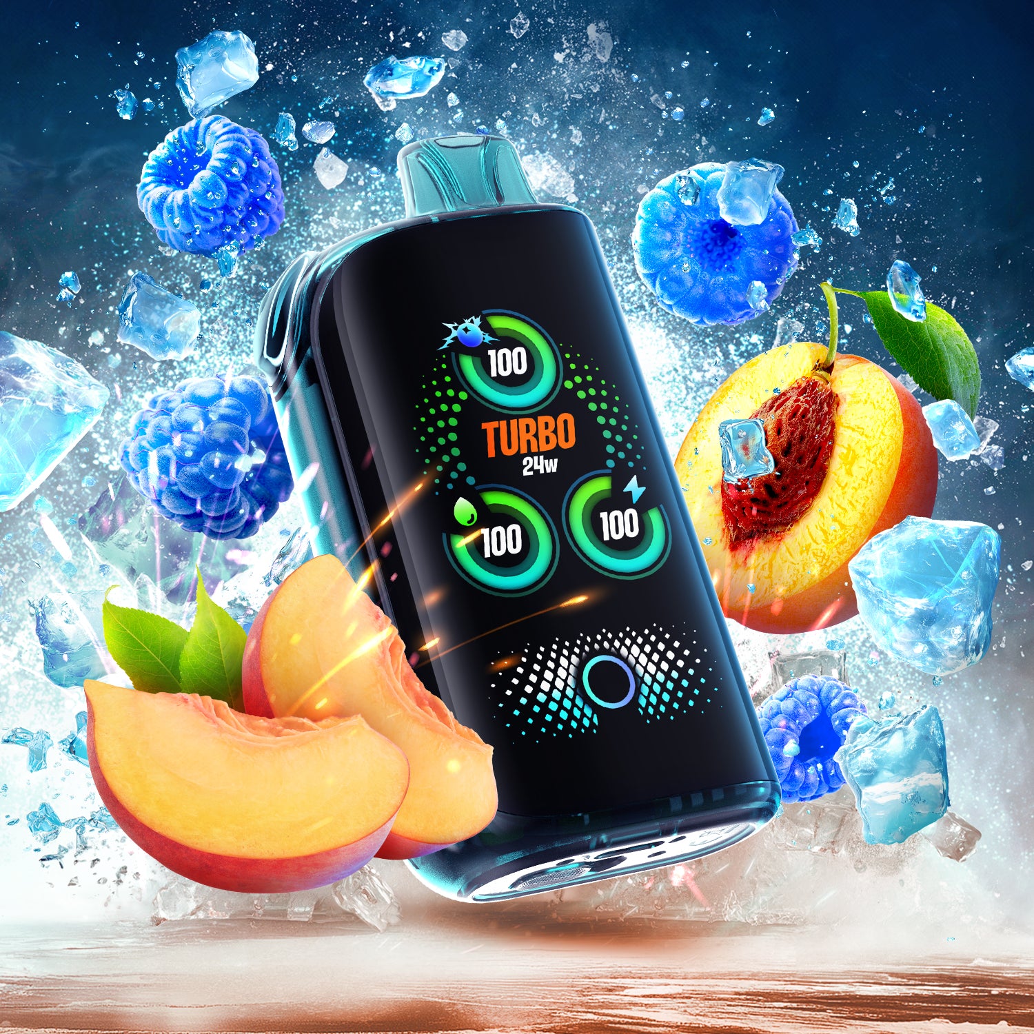 DRIP'N BLAST 30k frozen peach blue razz ice vape with fruit and ice, showcasing turbo power and refreshing flavors.