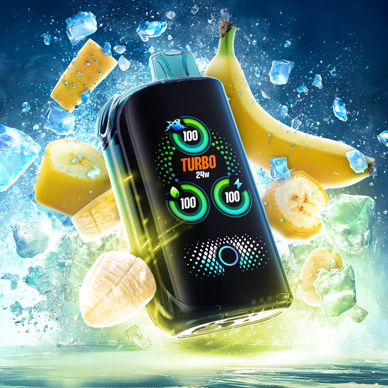 DRIP'N BLAST 30k Frozen Banana Ice vape with ice and banana slices, showcasing vibrant branding and sleek design.