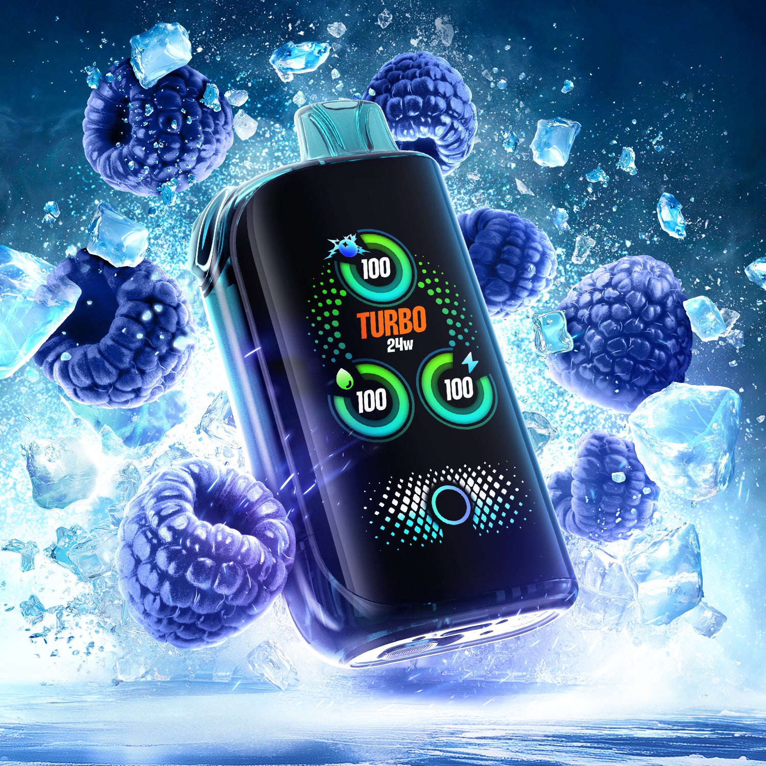 DRIP'N BLAST 30k Frozen Blue Razz Ice vape device with blue raspberries and ice steam background.