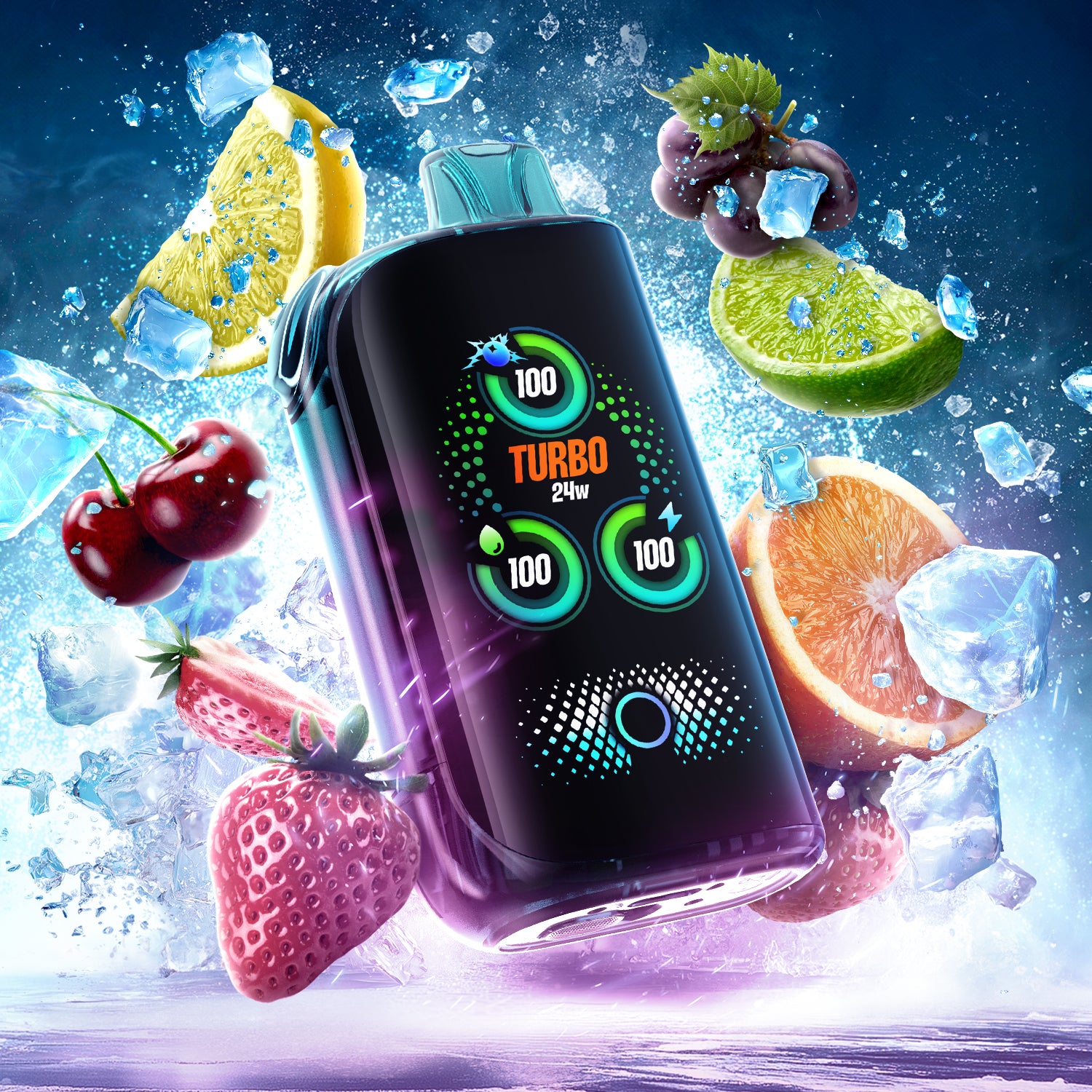 DRIP'N BLAST 30k - FROZEN ELECTRIC FRUIT BLAST ICE device with fruits and ice, highlighting turbo features and vibrant design.