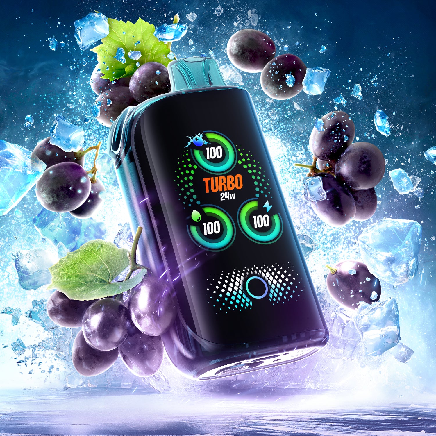 DRIP'N BLAST 30k - Frozen Grape Ice vape device with grapes and ice in a dynamic splash effect.