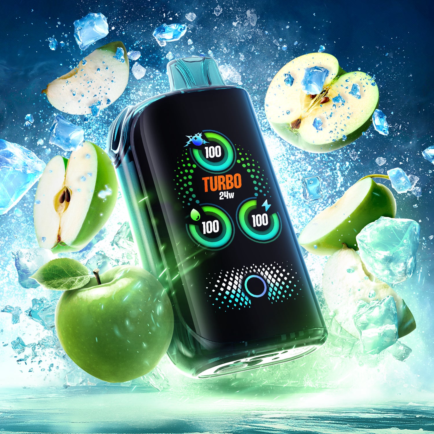 DRIP'N BLAST 30k Frozen Green Apple Ice vape with ice cubes and green apples, bright and refreshing design.