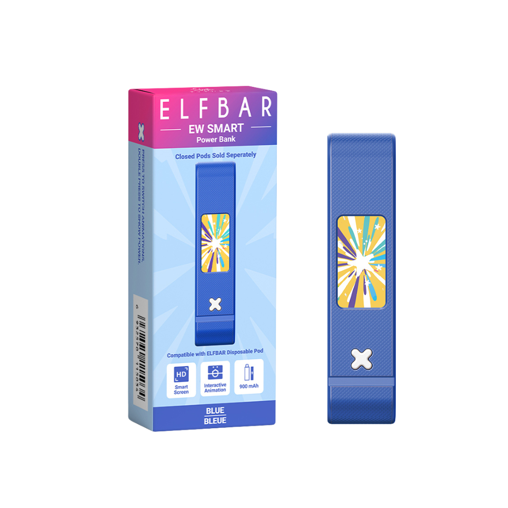 EW Smart Power Bank in blue, compatible with ELF BAR disposable pods, featuring a sleek design and 1000mAh capacity.