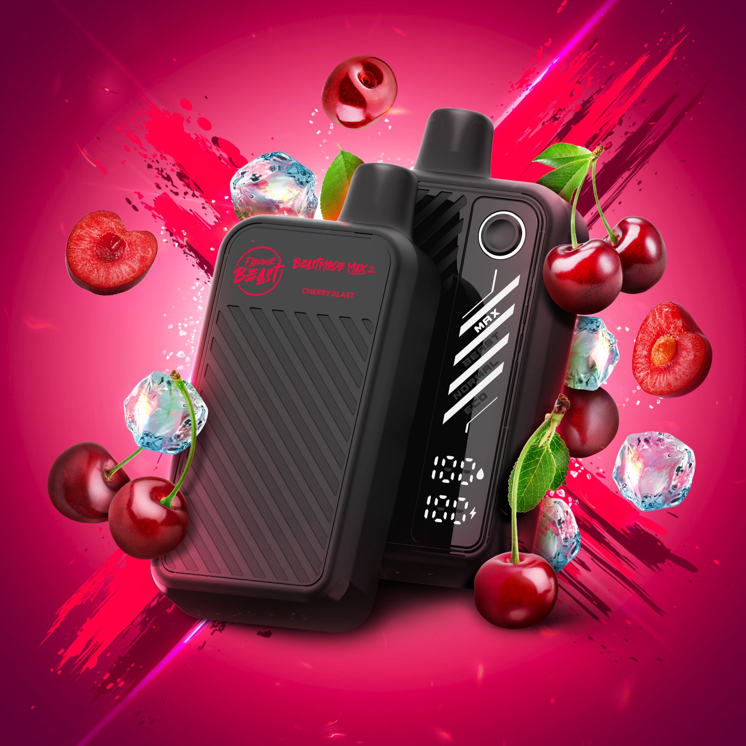 FLAVOUR BEAST 50k Cherry Blast vape device with cherries and ice, showcasing vibrant colors and user-friendly display features.