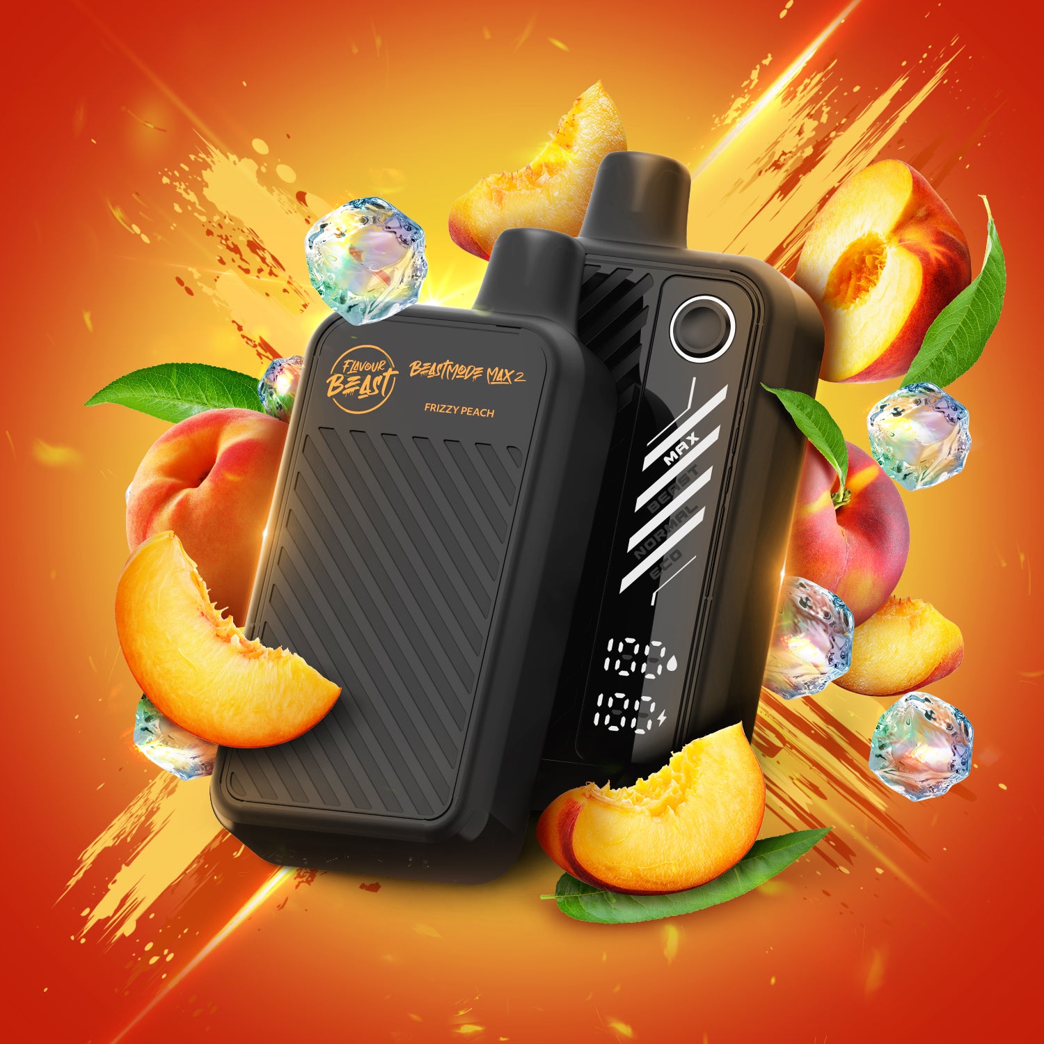 Flavour Beast Beast Mode Max 2 disposable vape in Frizzy Peach flavor with fresh peaches and vibrant design.