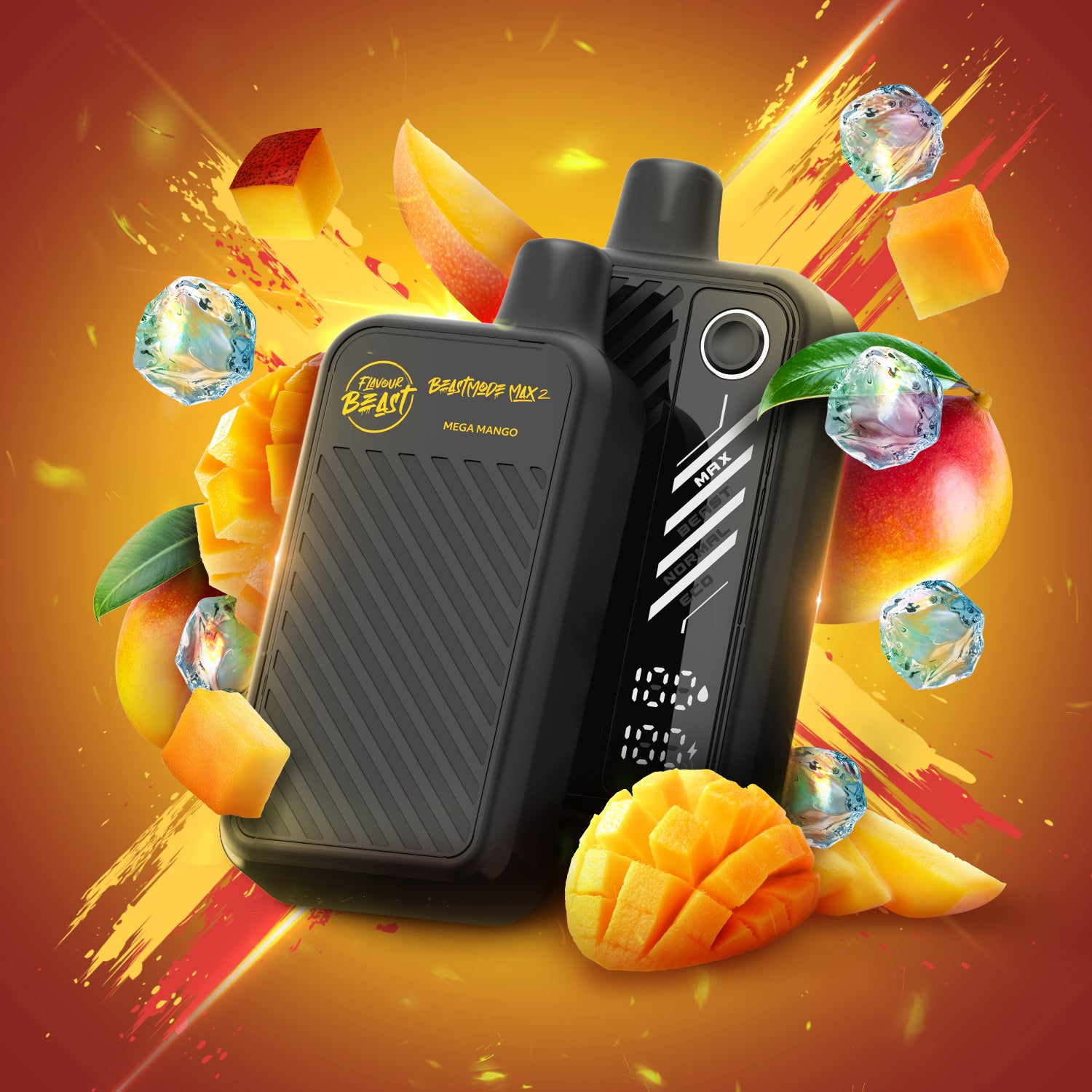 Flavour Beast Beast Mode Max 2 in Mega Mango flavor with tropical mango and ice cubes background.