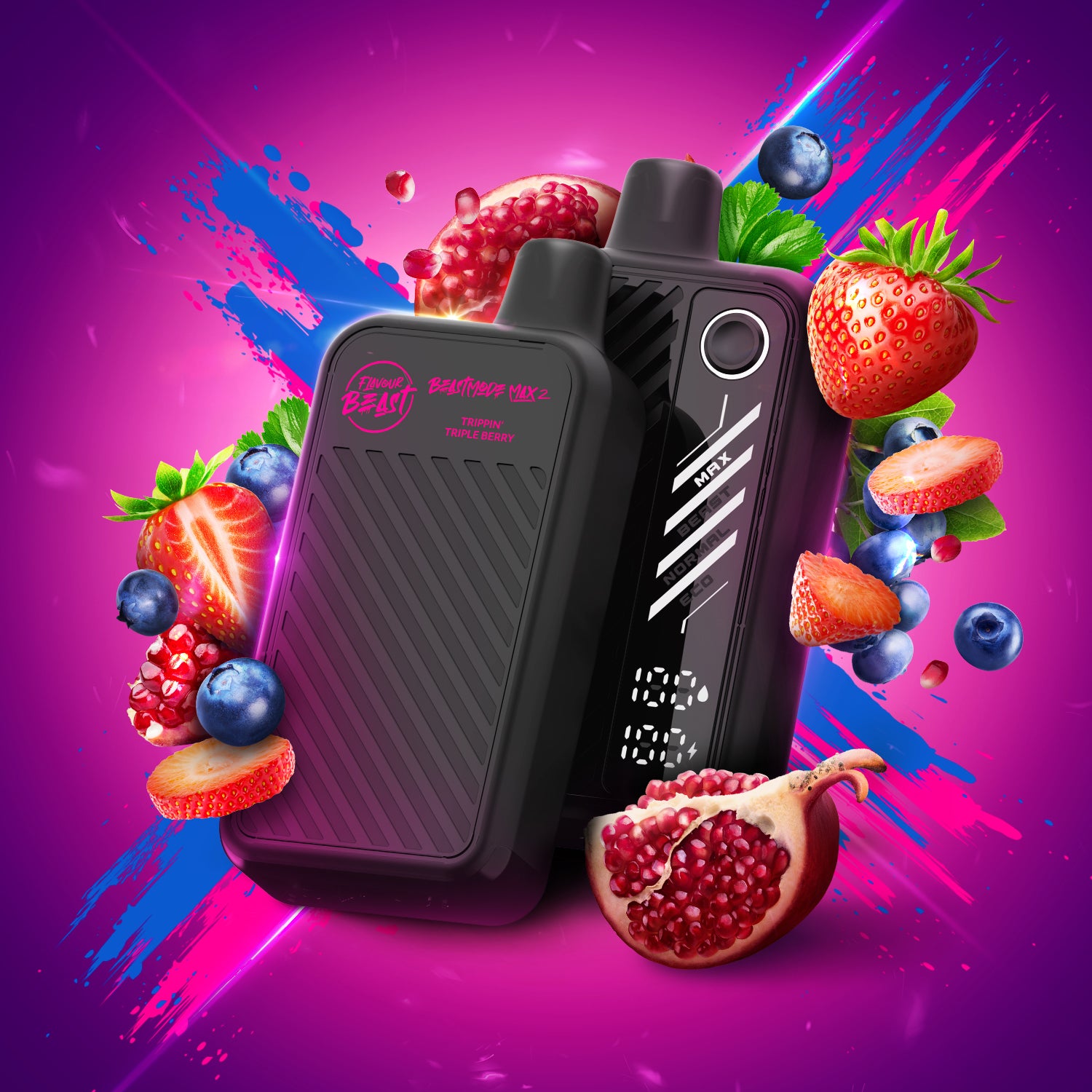 Flavour Beast 50k Trippin' Triple Berry disposable vape surrounded by vibrant berries on a colorful background.