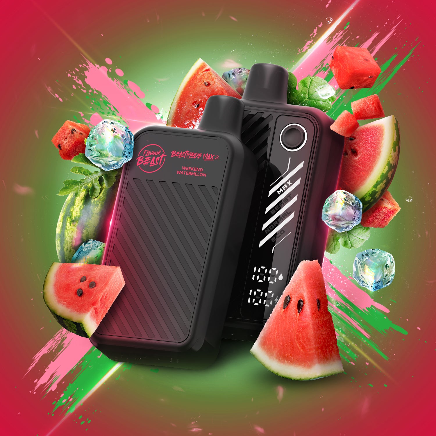 Flavour Beast 50k disposable vape featuring watermelon design, colorful fruit, and ice cubes on a vibrant background.