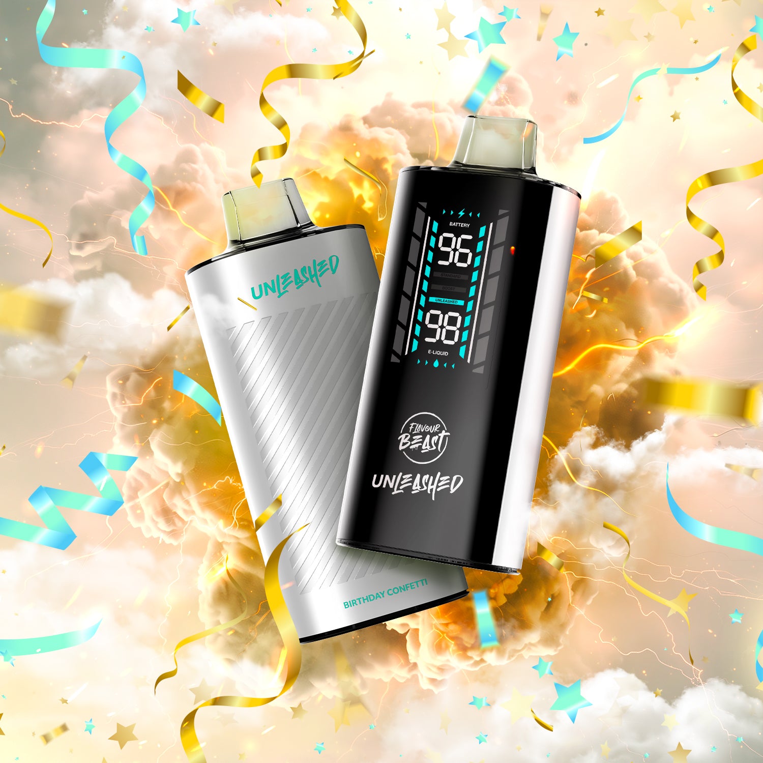 FLAVOUR BEAST UNLEASHED 2OK - BIRTHDAY CONFETTI e-liquid with colorful confetti and cloud background.