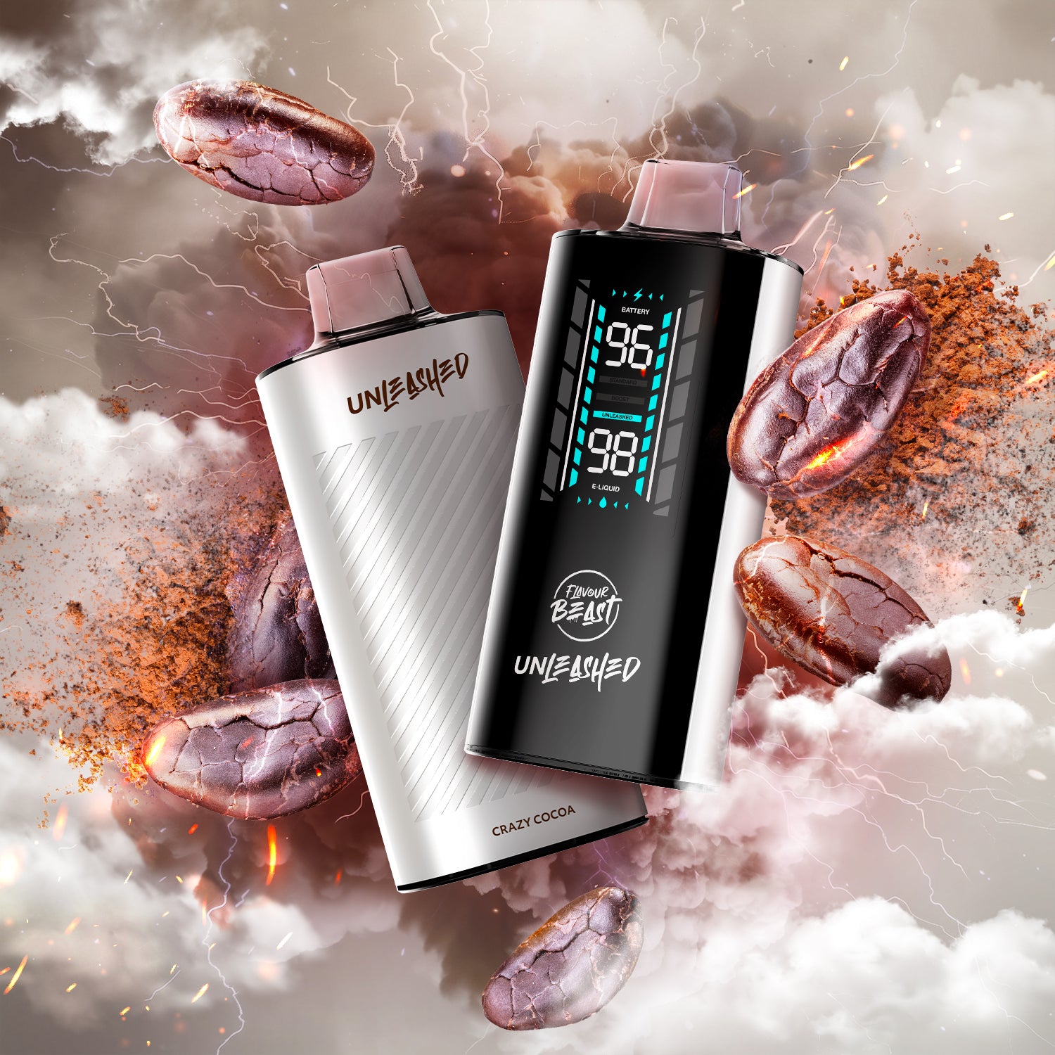 FLAVOUR BEAST UNLEASHED 2OK - CRAZY COCOA vape devices with cocoa beans and smoke background.