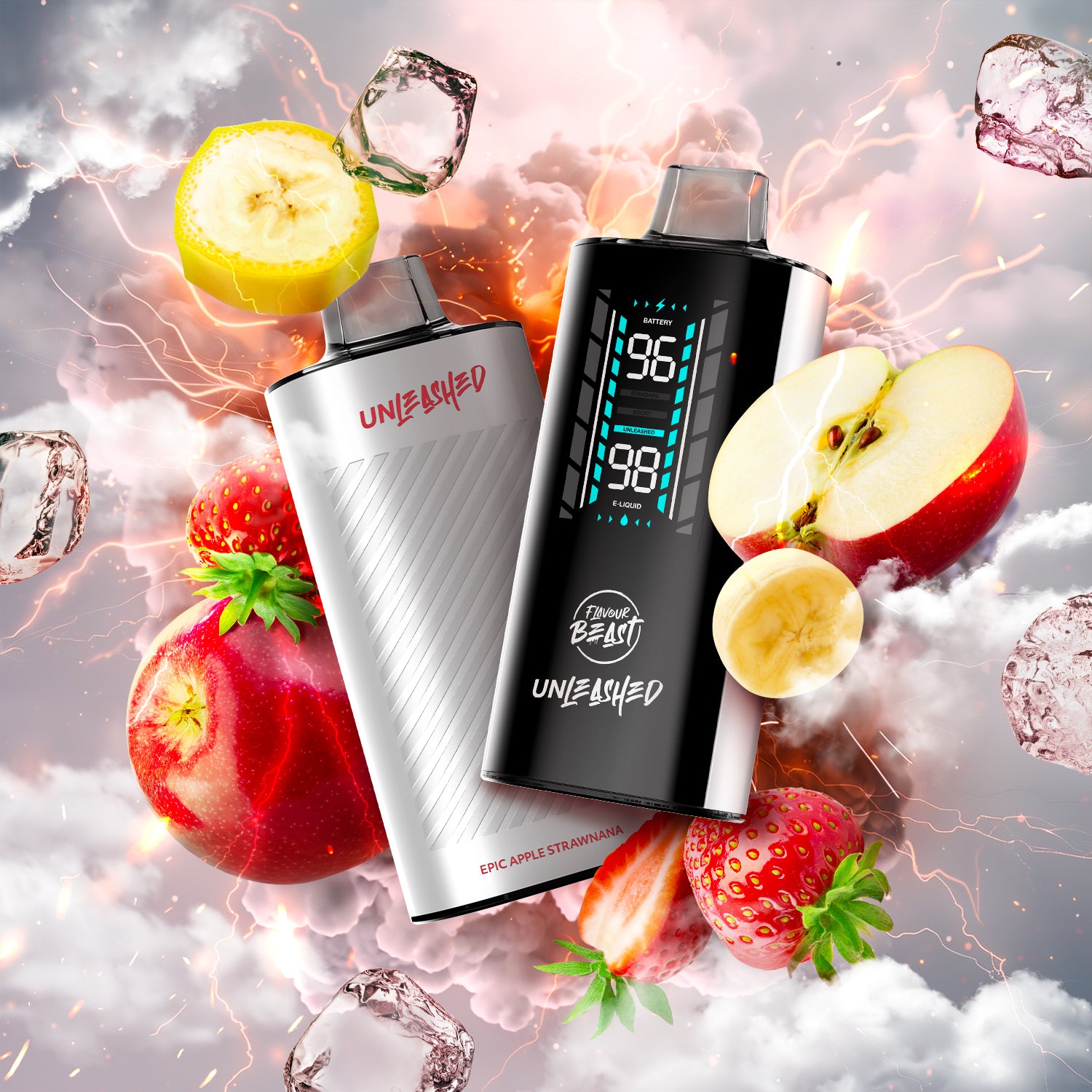 FLAVOUR BEAST UNLEASHED 2OK vape product featuring apple and strawberry flavors with ice backdrop.