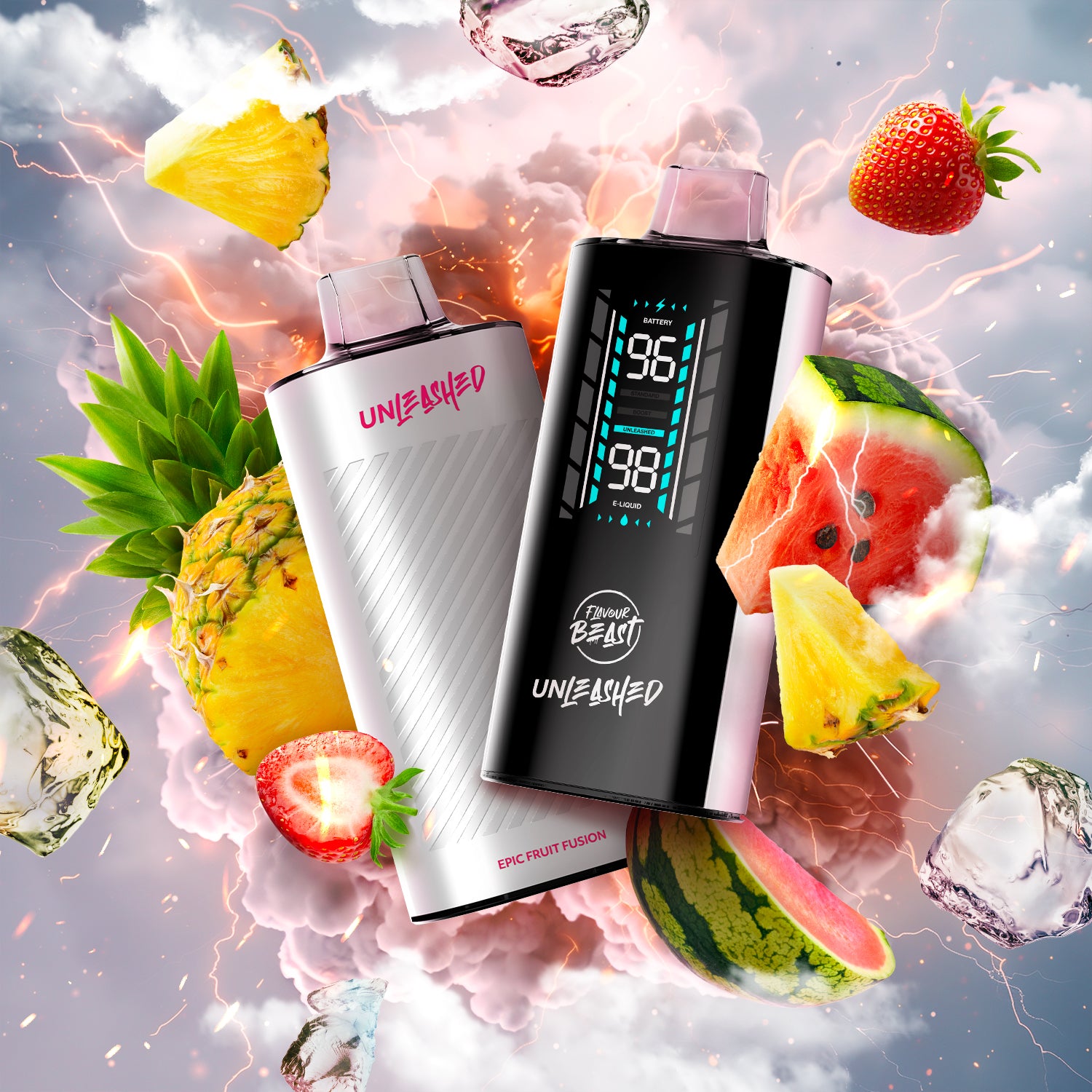 FLAVOUR BEAST UNLEASHED 2OK - FRUIT FUSION vape with vibrant fruit elements showcasing epic fruit flavors.