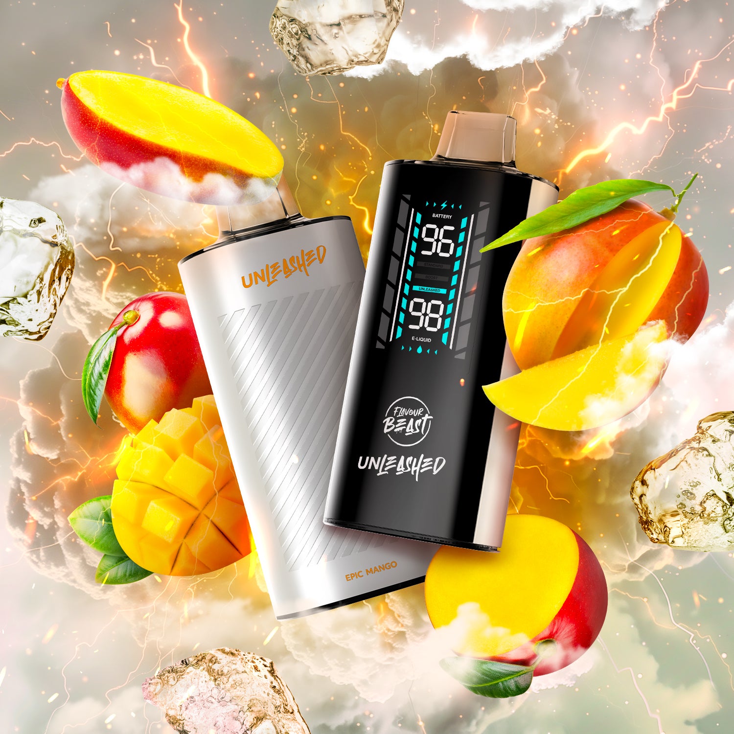 FLAVOUR BEAST UNLEASHED 2OK - EPIC MANGO vape device with vibrant mango imagery and dynamic background.