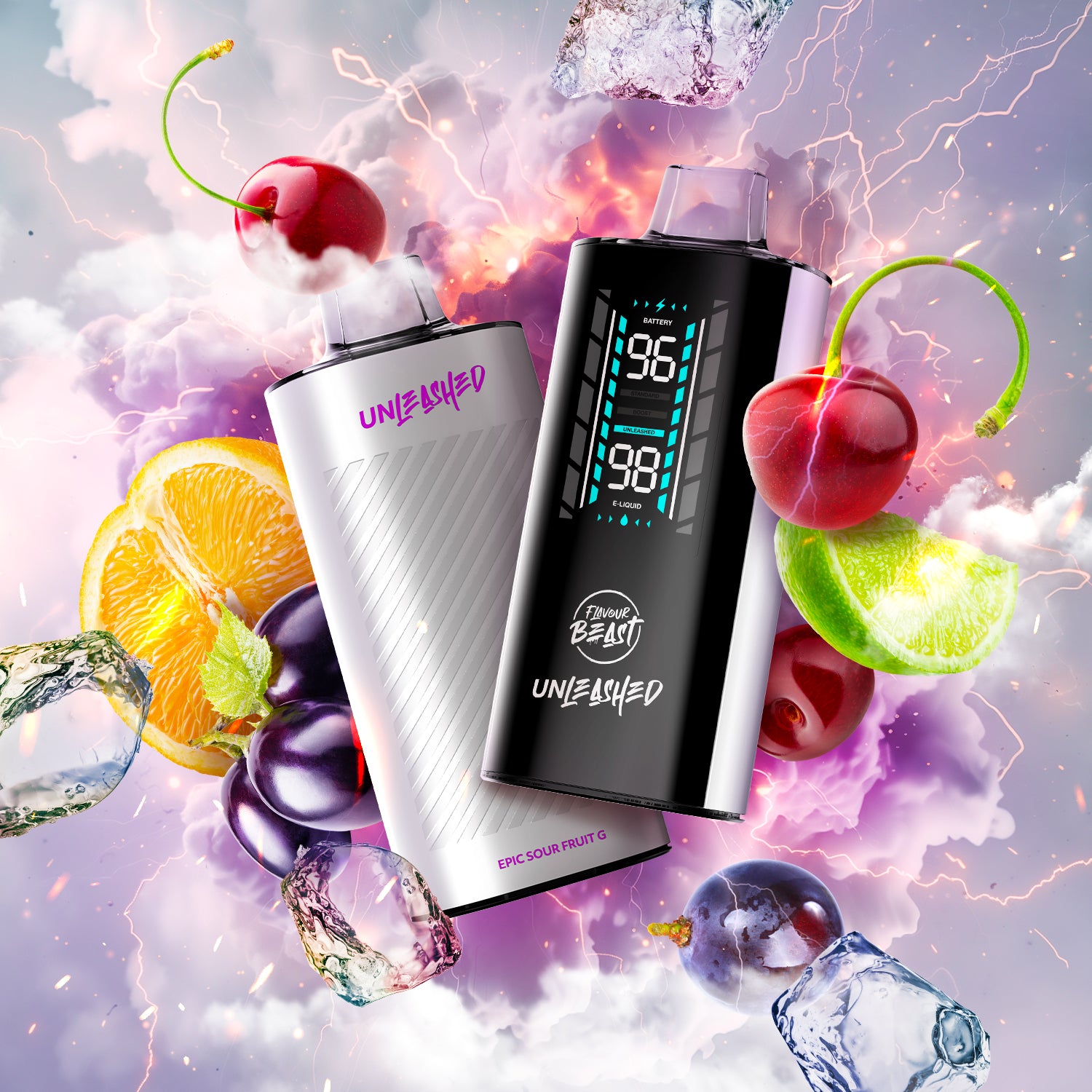 FLAVOUR BEAST UNLEASHED 2OK EPIC SOUR FRUIT G vape devices with fruits and ice in a vibrant background.