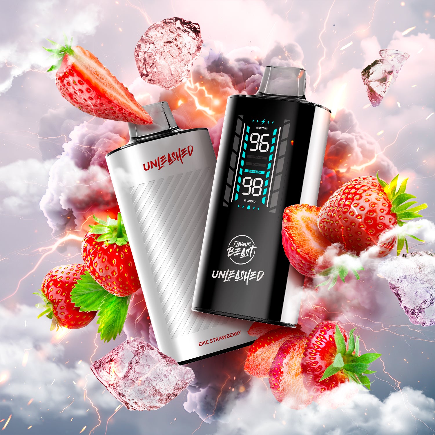 FLAVOUR BEAST UNLEASHED 2OK featuring strawberry flavor in a dynamic and vibrant design with fresh strawberries.