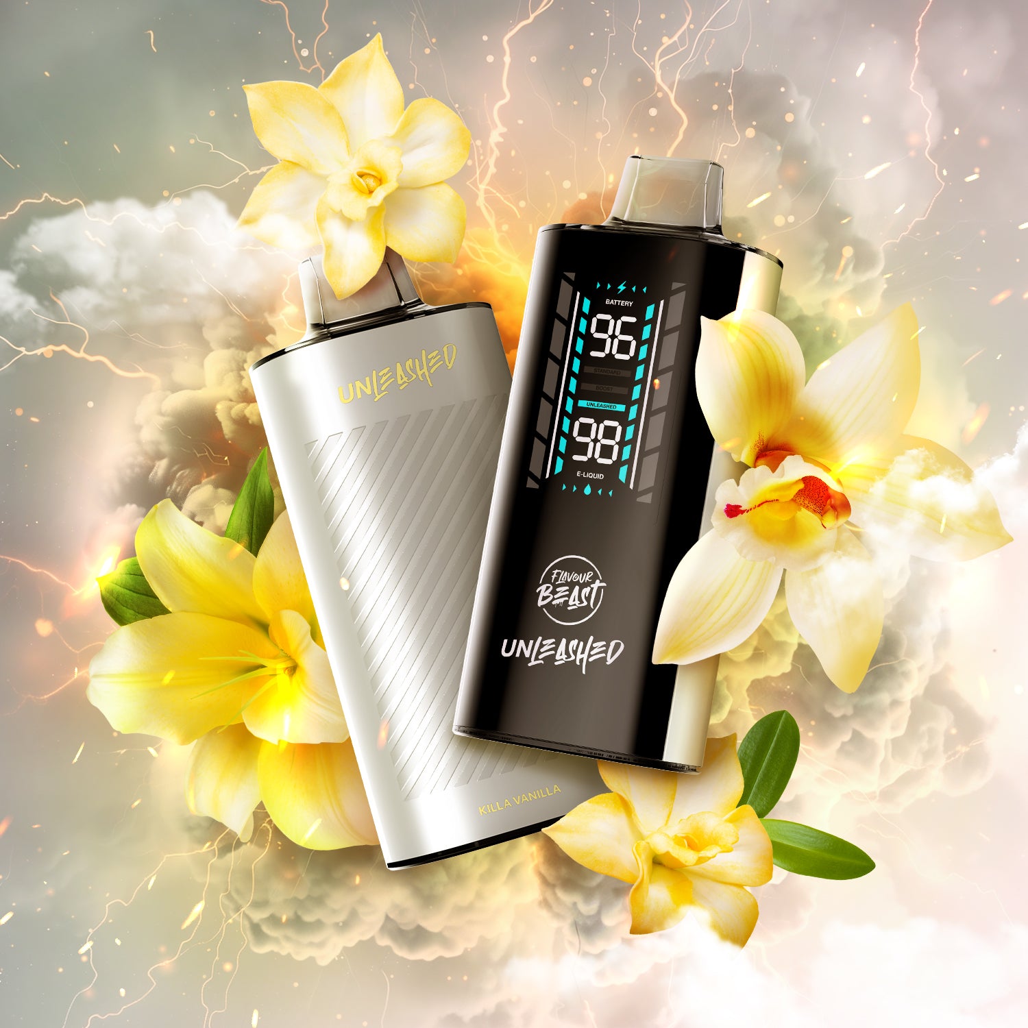 Flavour Beast Unleashed 2OK Killa Vanilla vape device with digital display, surrounded by yellow flowers.