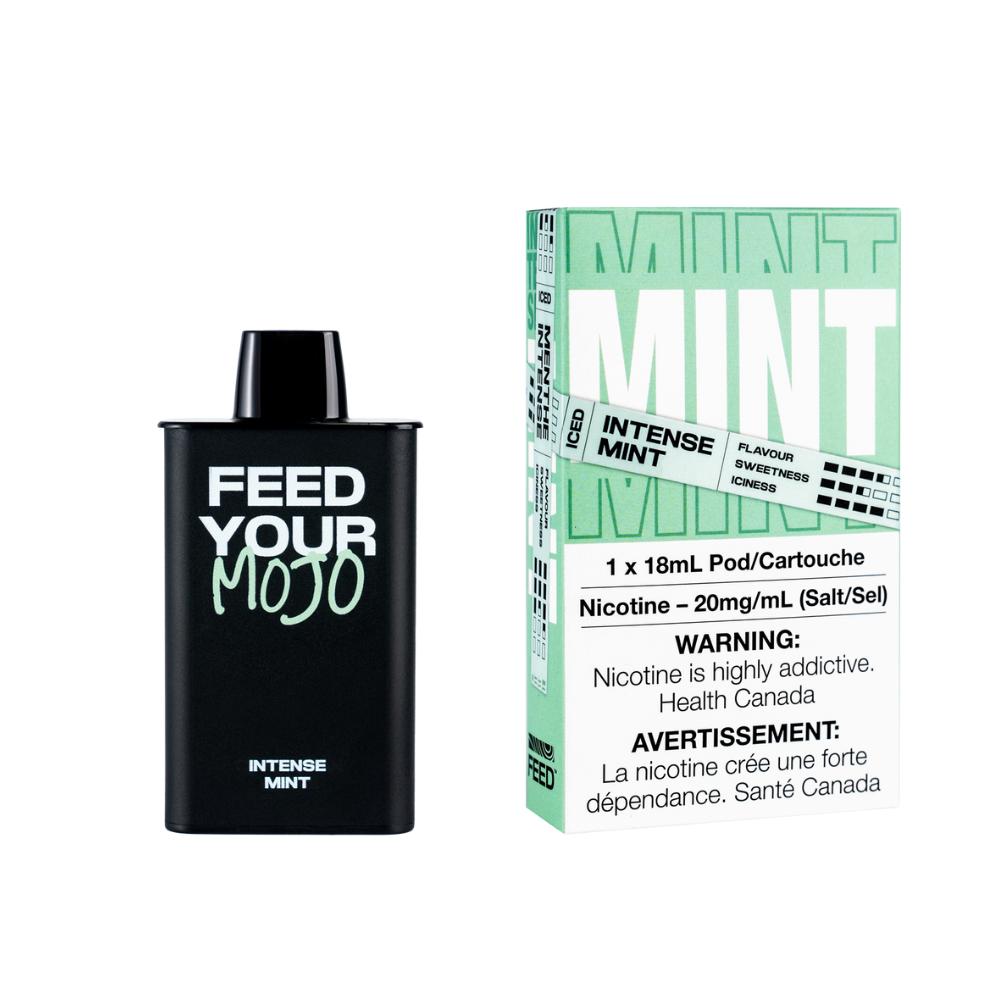 FEED PODS - INTENSE MINT vape pods with 20mg/ml nicotine, package includes one 18mL pod, addictive warning.