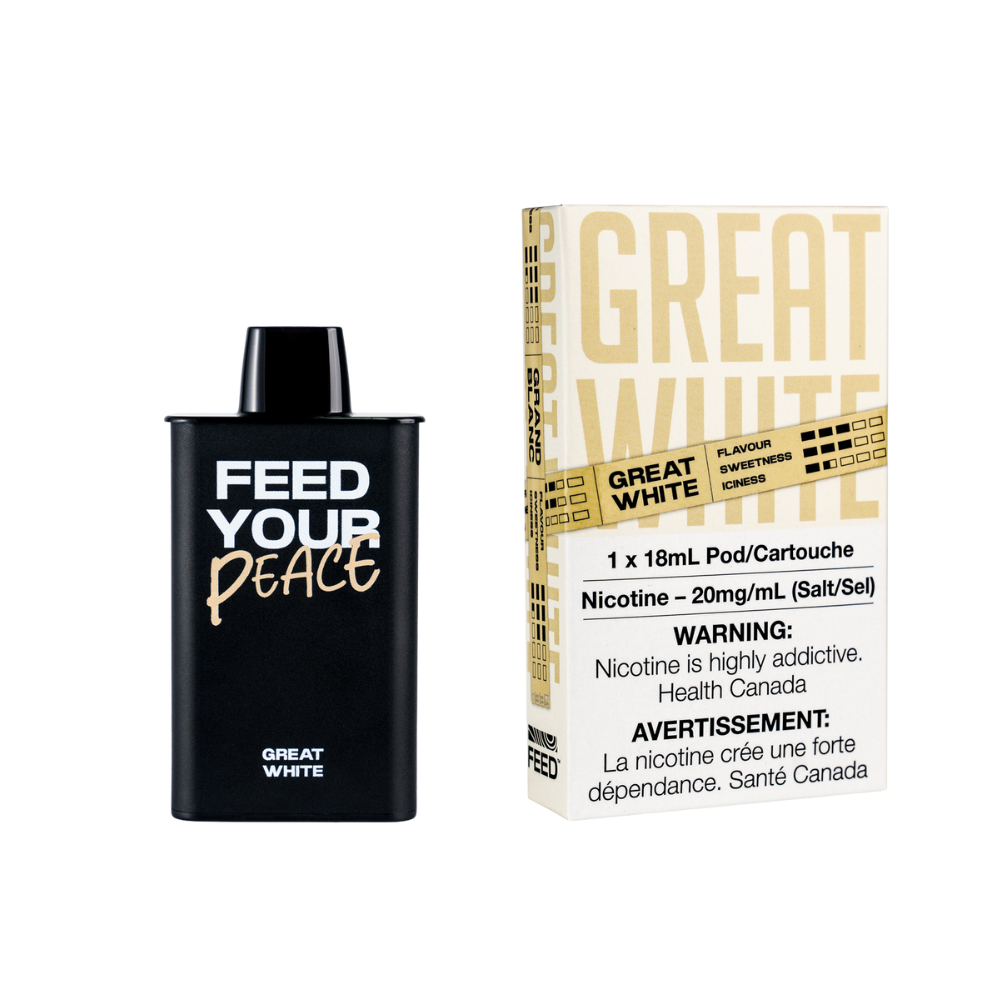 FEED PODS - GREAT WHITE, vape pod with nicotine, 18ml flavor, Health Canada warning.