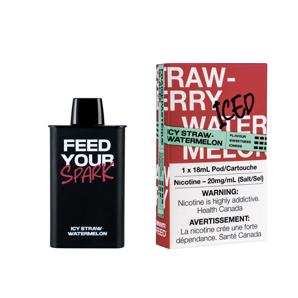 FEED PODS ICY STRAW WATERMELON vape product packaging showcasing flavor and nicotine content.