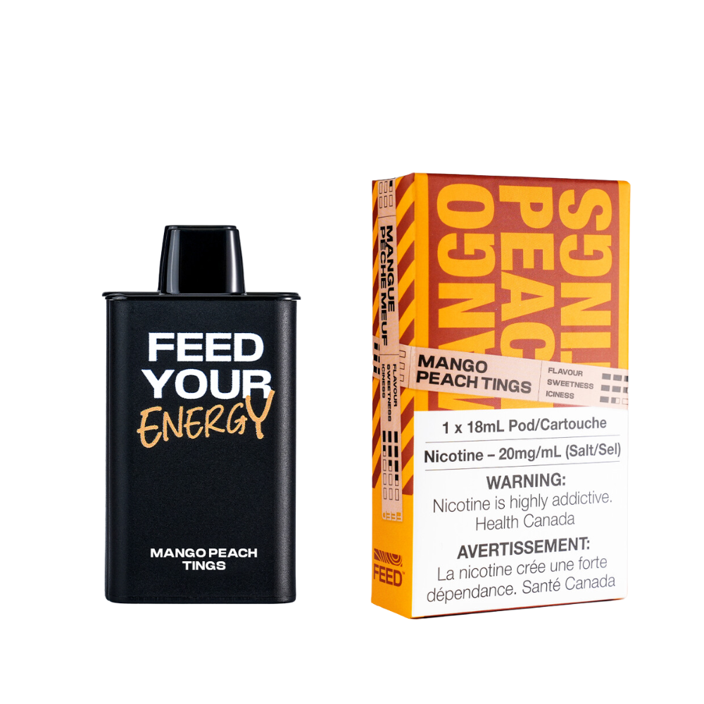 FEED PODS Mango Peach Tings, 1x18ml nicotine pod with warning label, energizing flavor.