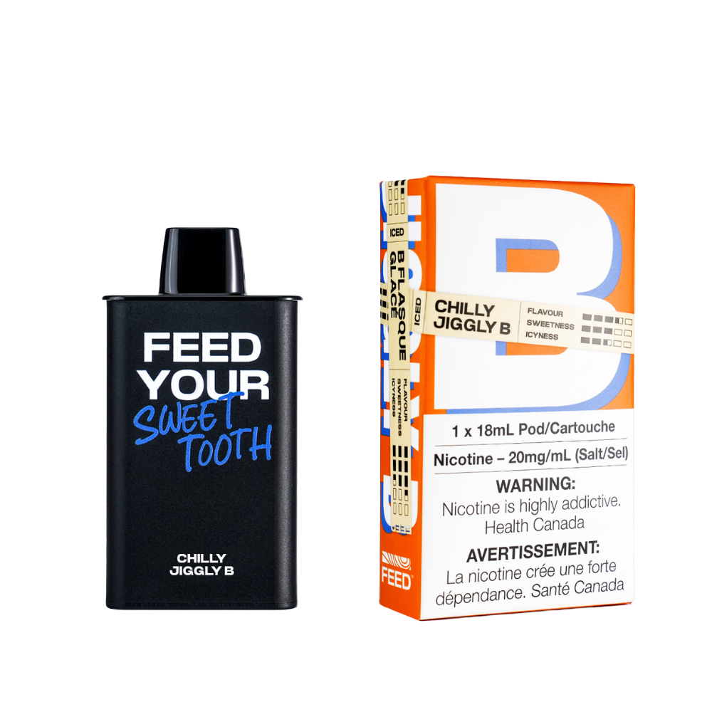 FEED PODS - CHILLY JIGGLY B vape pod and box with nicotine warnings, 20mg/ml, 1 x 18ml.