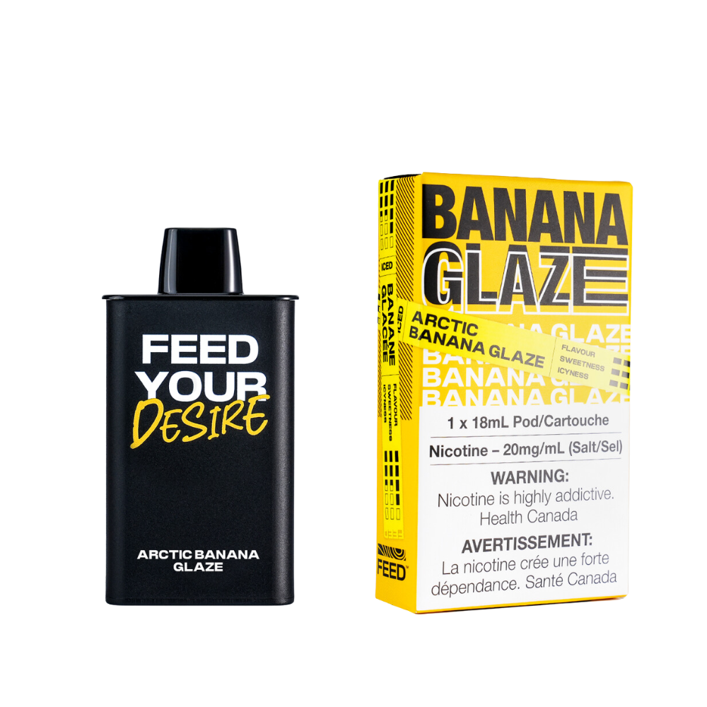 Arctic Banana Glaze pods with black container and yellow packaging, featuring warning labels and nicotine content.