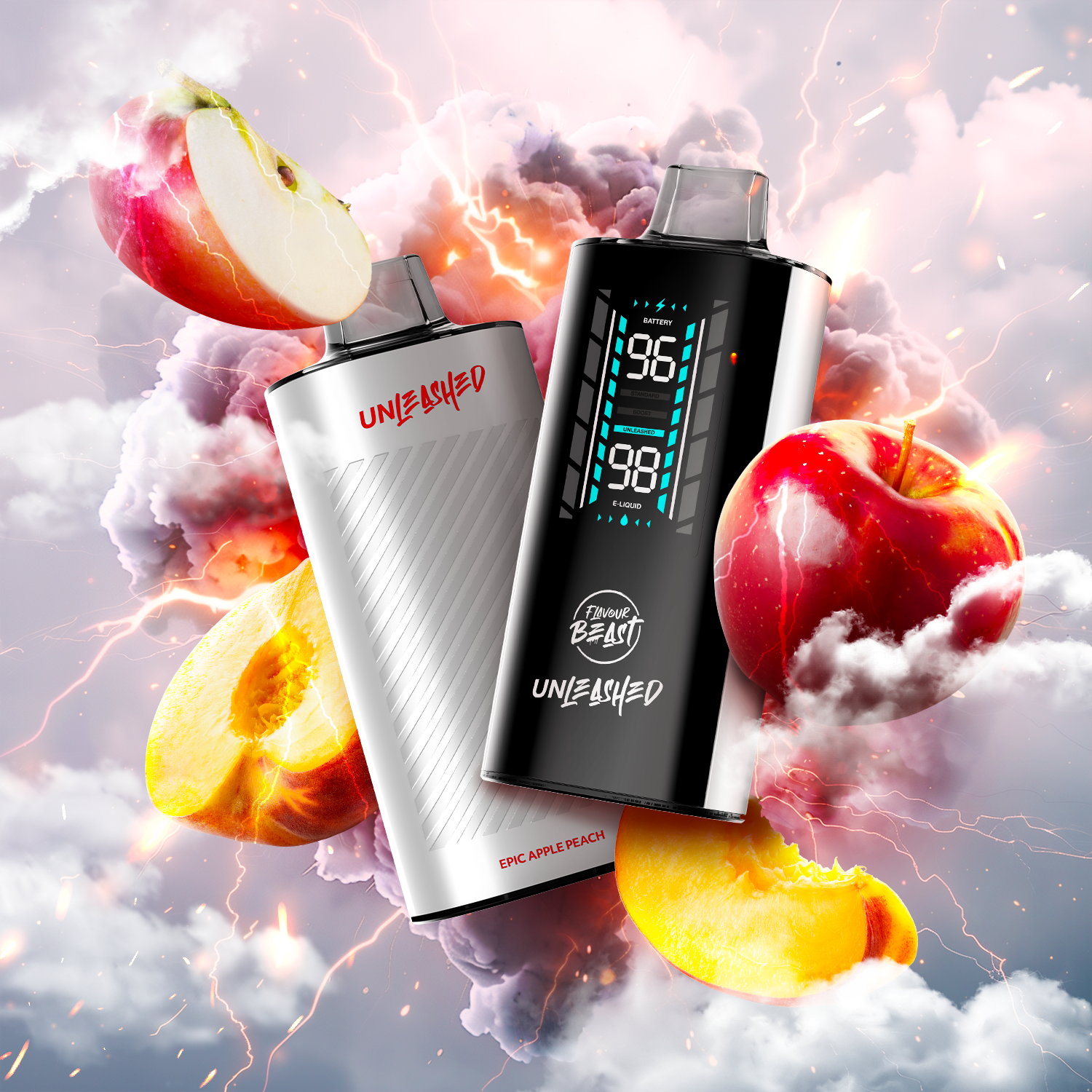 FLAVOUR BEAST UNLEASHED 2OK with Epic Apple Peach Ice flavor, featuring an eye-catching design and vibrant fruit images.