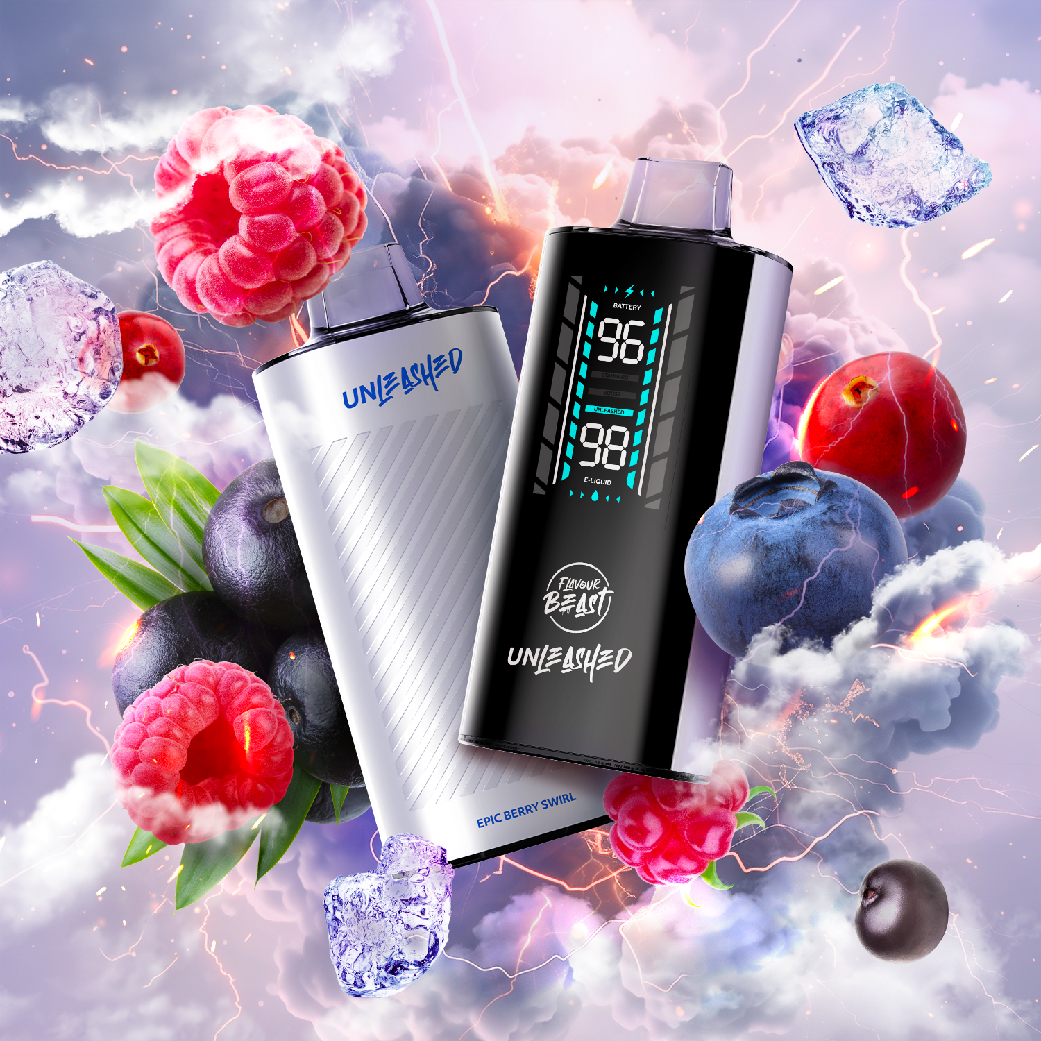 FLAVOUR BEAST UNLEASHED 2OK - EPIC BERRY SWIRL ICE vape with berries and ice background