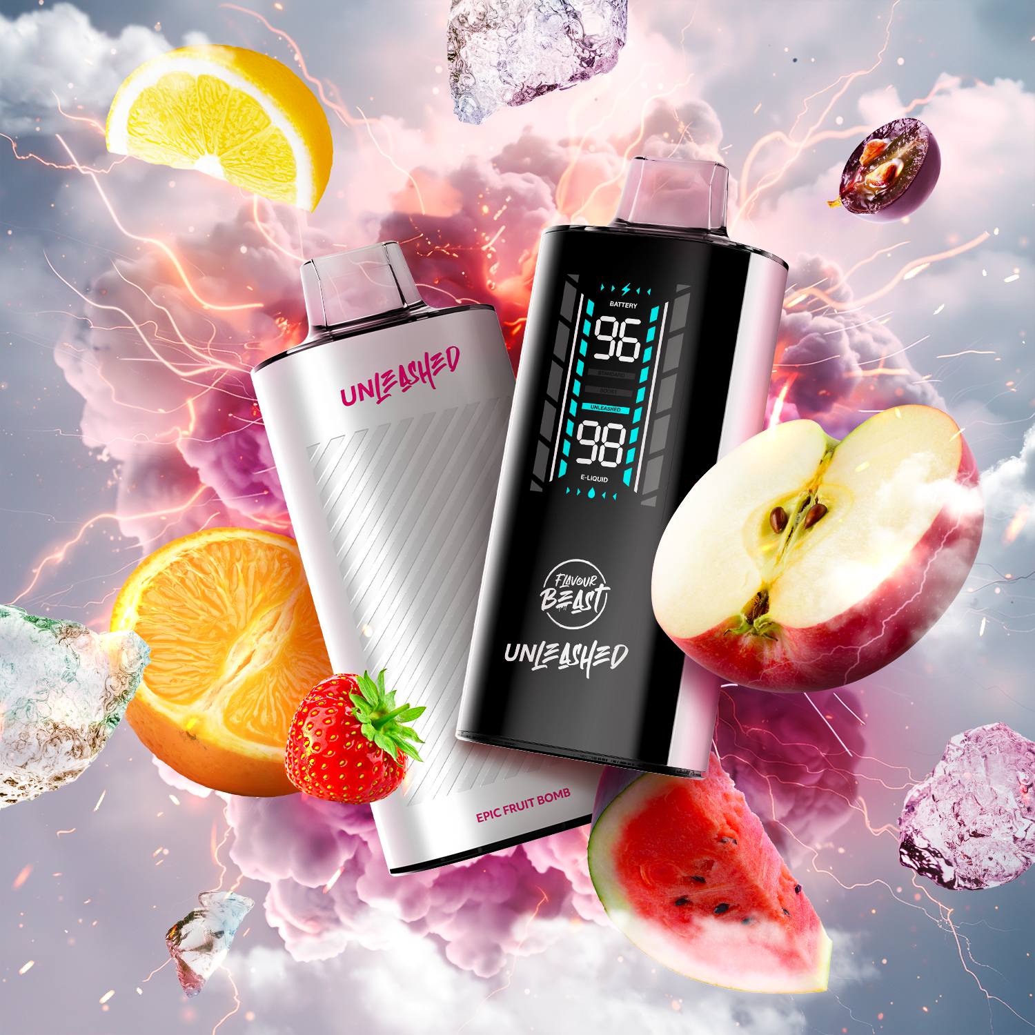 FLAVOUR BEAST UNLEASHED 2OK Epic Fruit Bomb Ice with vibrant fruits and ice visuals, showcasing bold flavors.