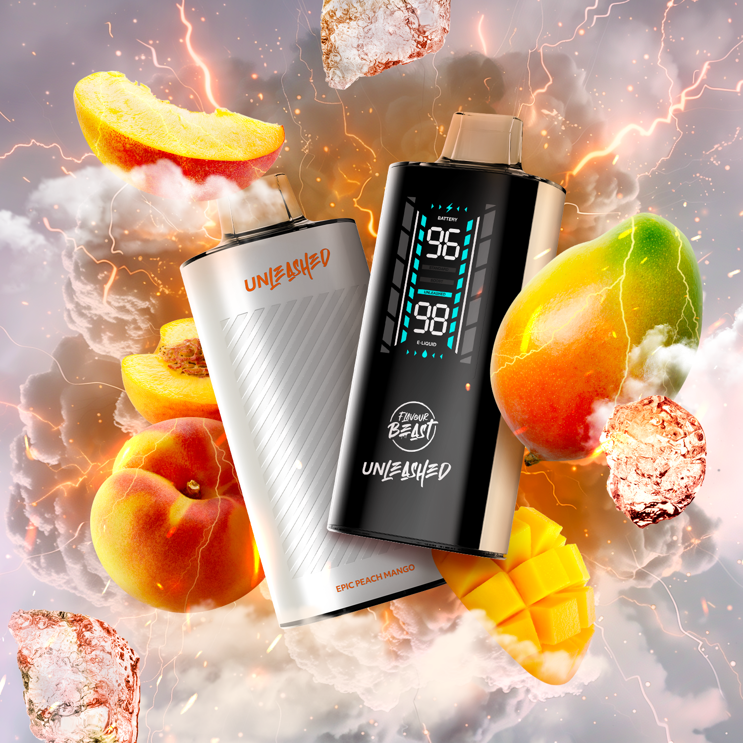 FLAVOUR BEAST UNLEASHED 2OK - EPIC PEACH MANGO vape device surrounded by peaches and mangoes.