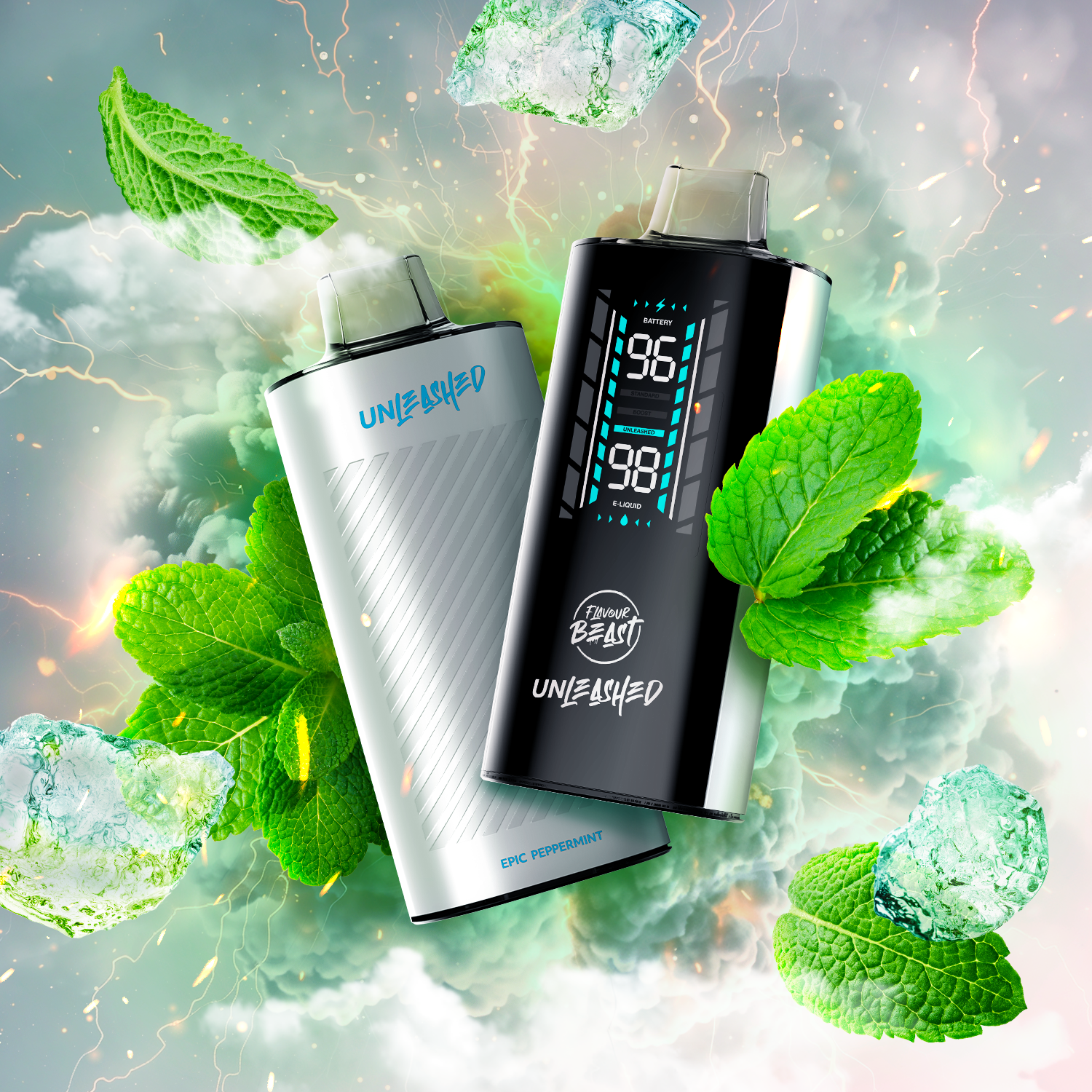 FLAVOUR BEAST UNLEASHED 2OK Epic Peppermint Ice vape, featuring refreshing mint leaves and ice effects.