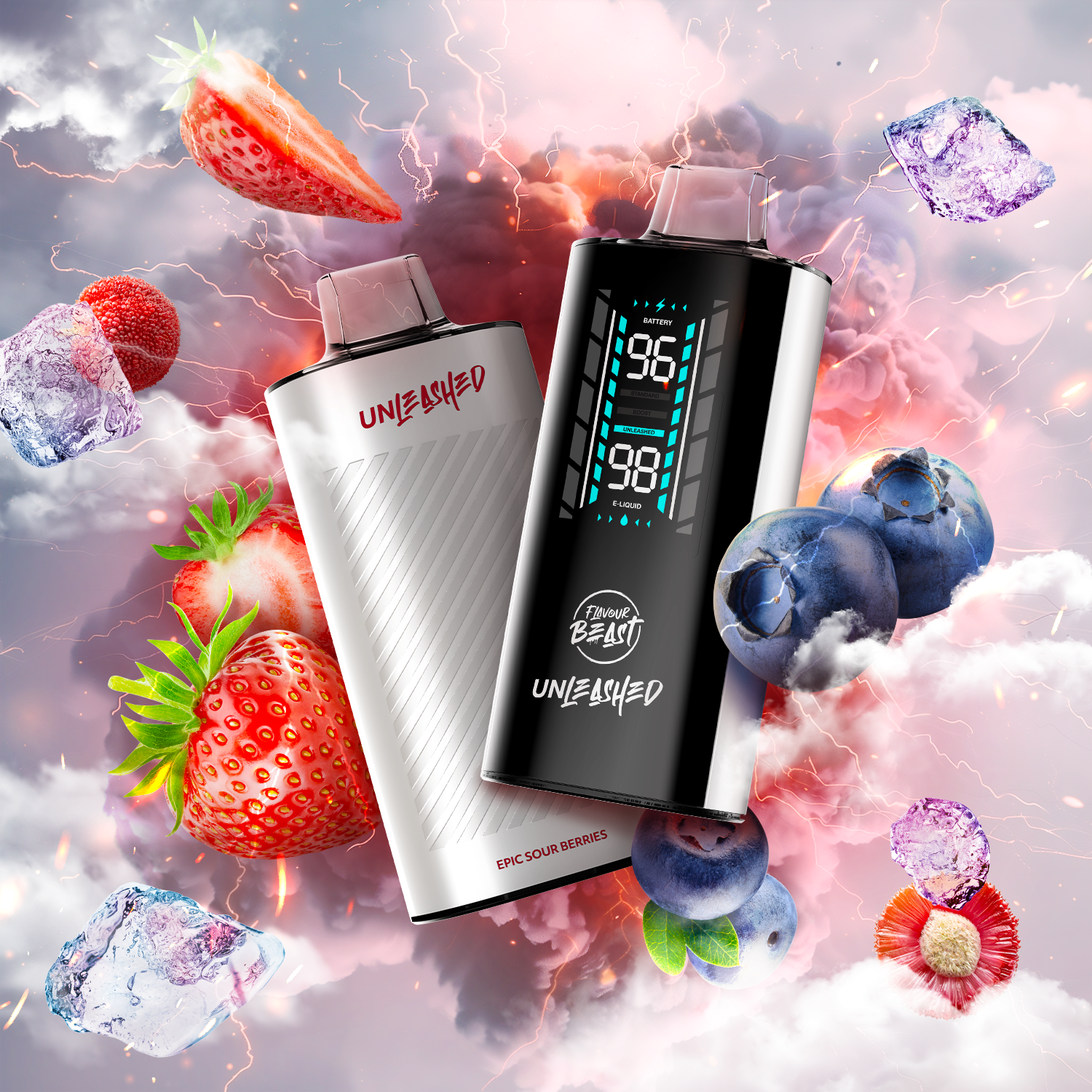 FLAVOUR BEAST UNLEASHED 20K - Epic Sour Berries Ice vape with vibrant berries and ice backdrop.