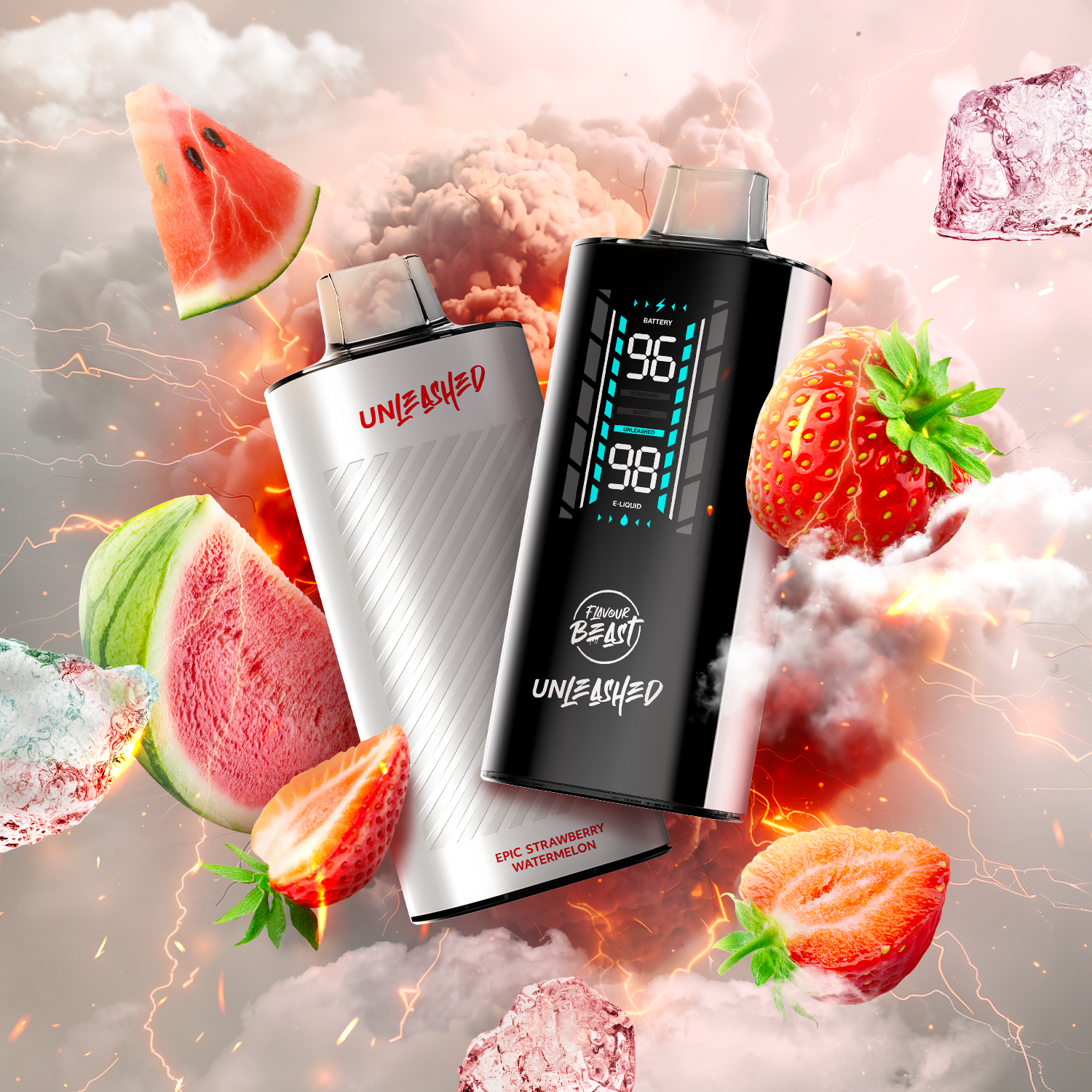 FLAVOUR BEAST UNLEASHED 2OK - Epic Strawberry Watermelon Ice vape with refreshing fruits and vibrant design.