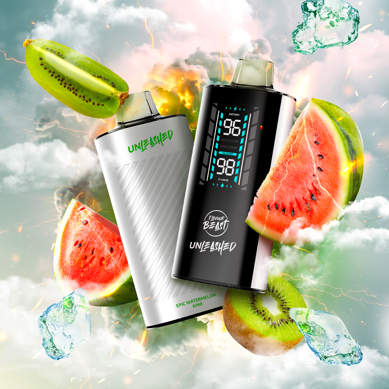 Image of FLAVOUR BEAST UNLEASHED 2OK featuring Epic Watermelon Kiwi Ice, surrounded by fresh fruit and ice.